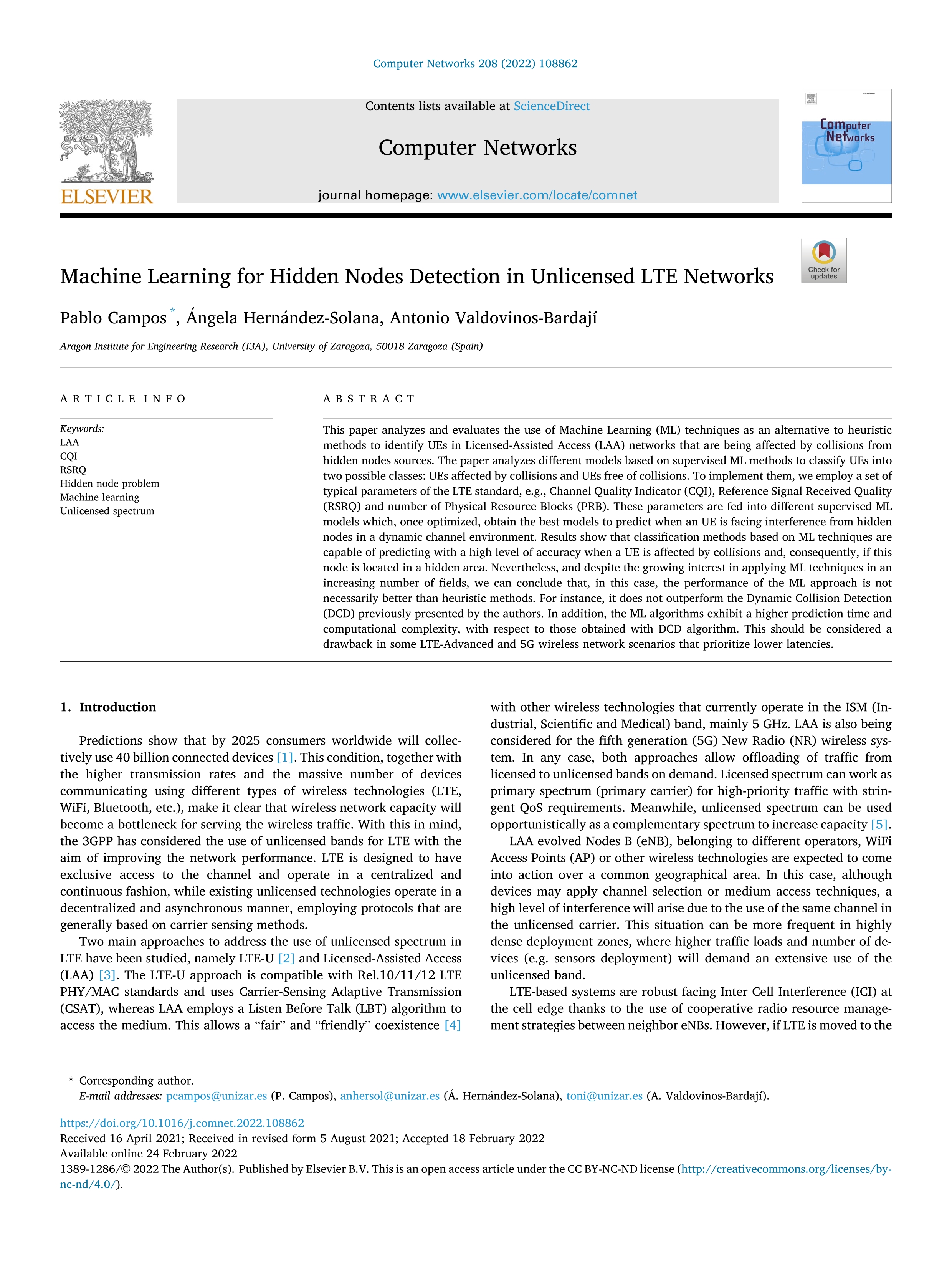 Machine Learning for Hidden Nodes Detection in Unlicensed LTE Networks