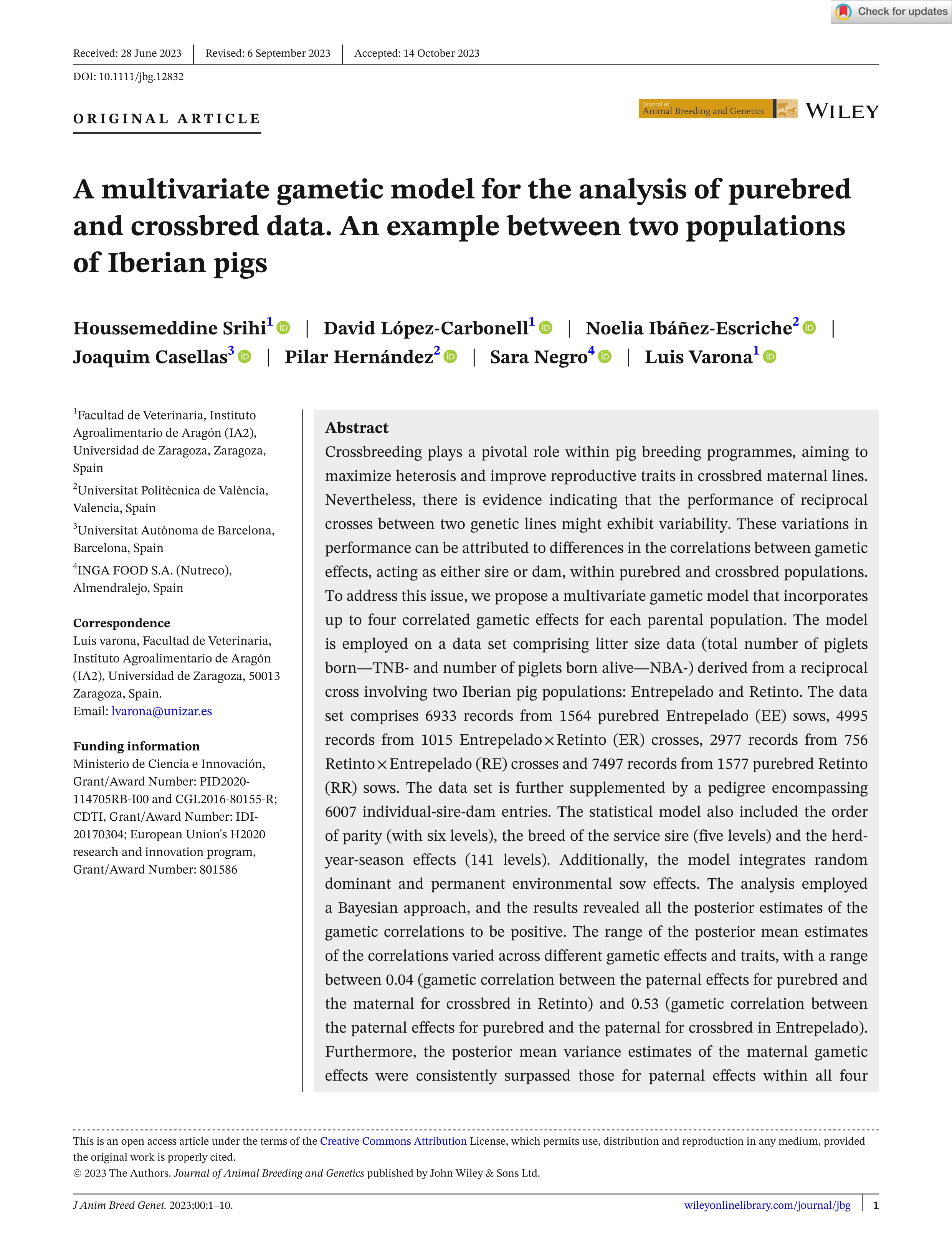 A multivariate gametic model for the analysis of purebred and crossbred data. An example between two populations of Iberian pigs