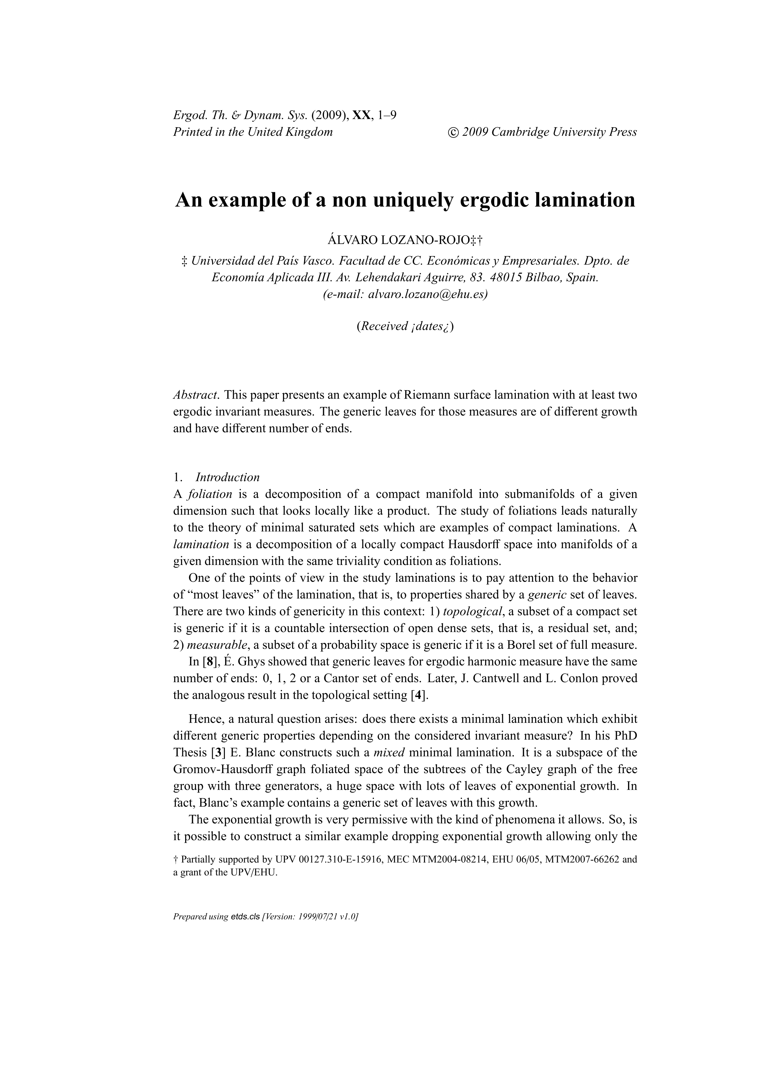 An example of non-uniquely ergodic lamination