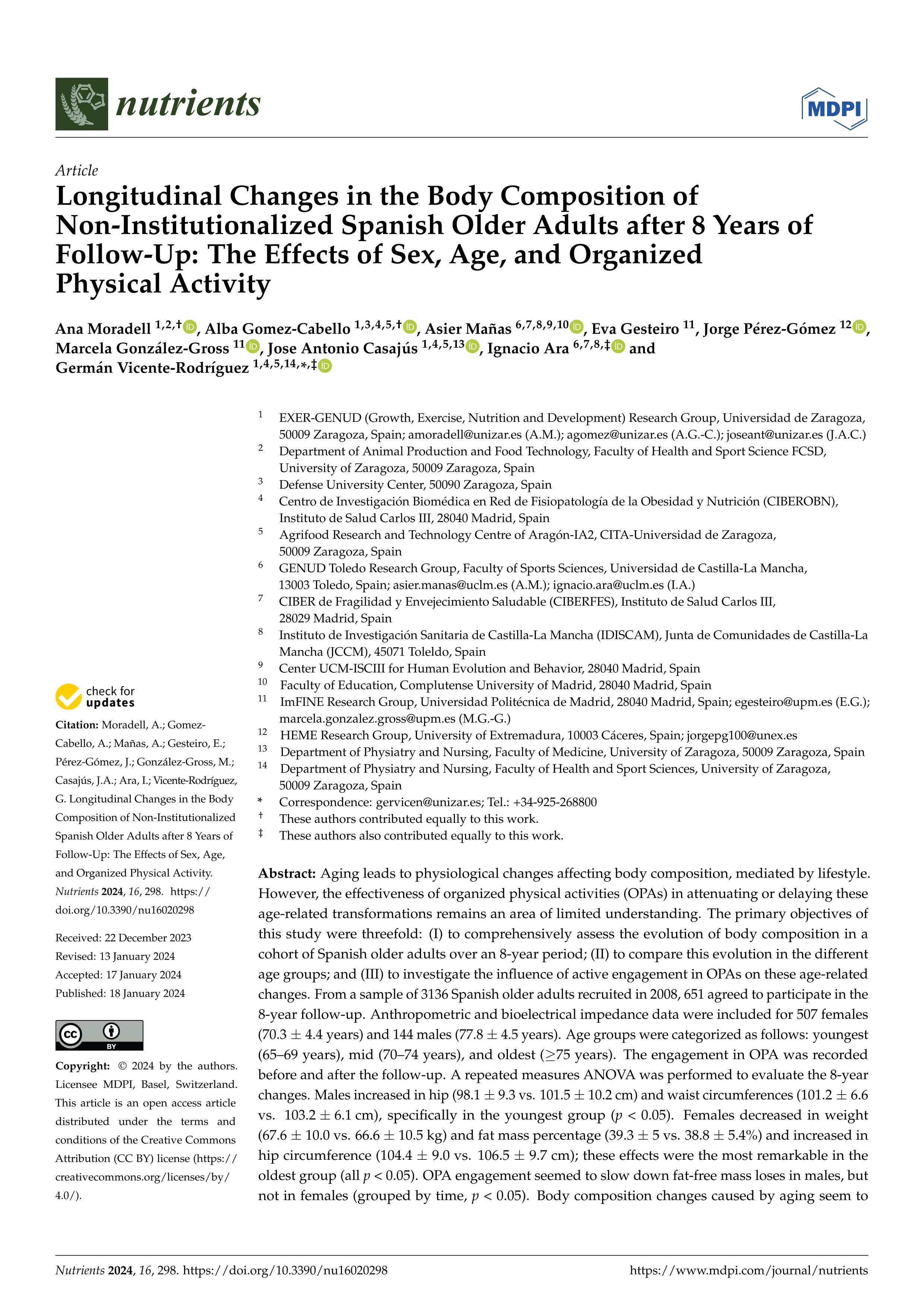 Longitudinal changes in the body composition of non-institutionalized spanish older adults after 8 years of follow-up: the effects of sex, age, and organized physical activity