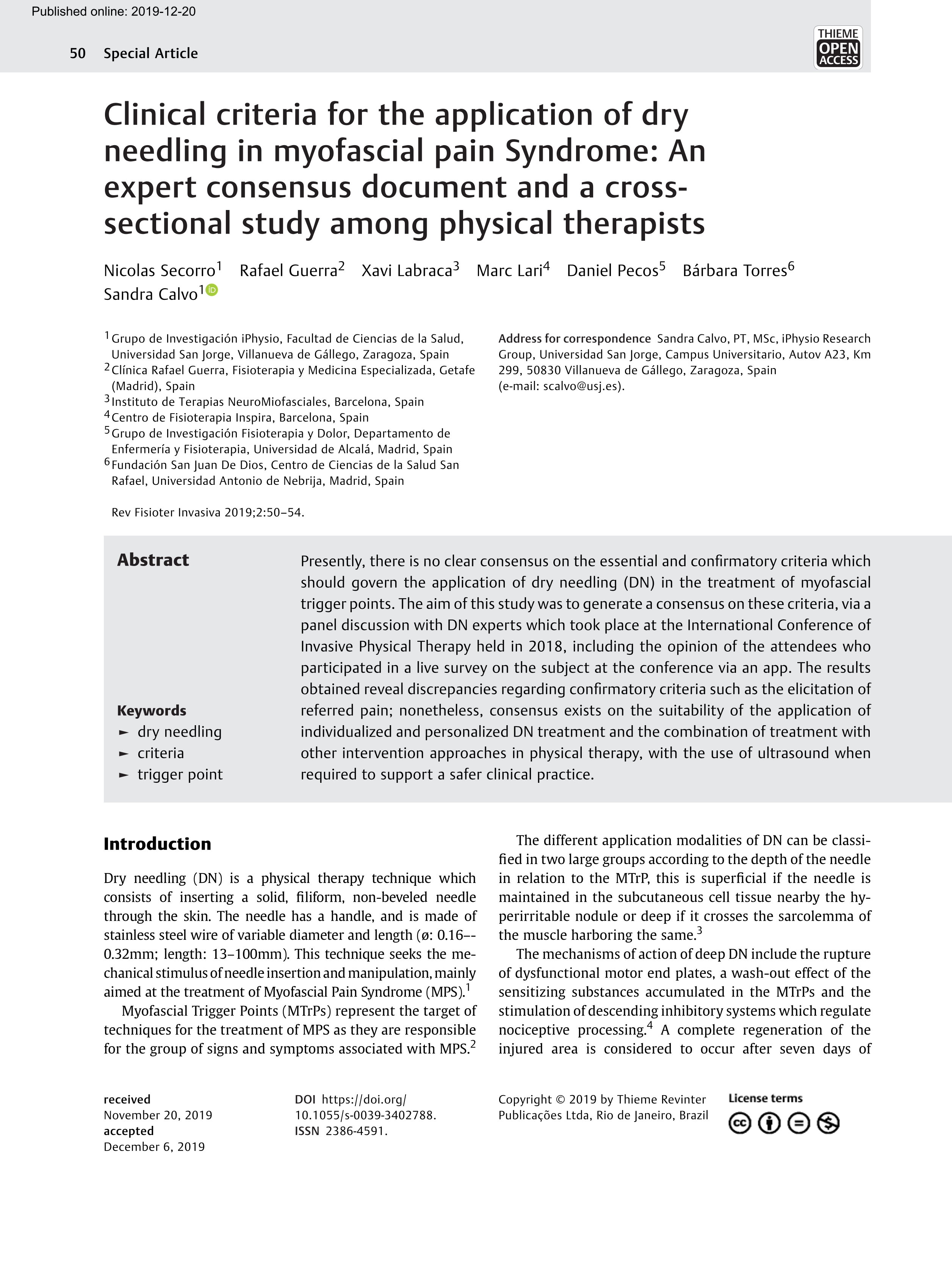 Clinical criteria for the application of dry needling in myofascial pain Syndrome: An expert consensus document and a cross-sectional study among physical therapists