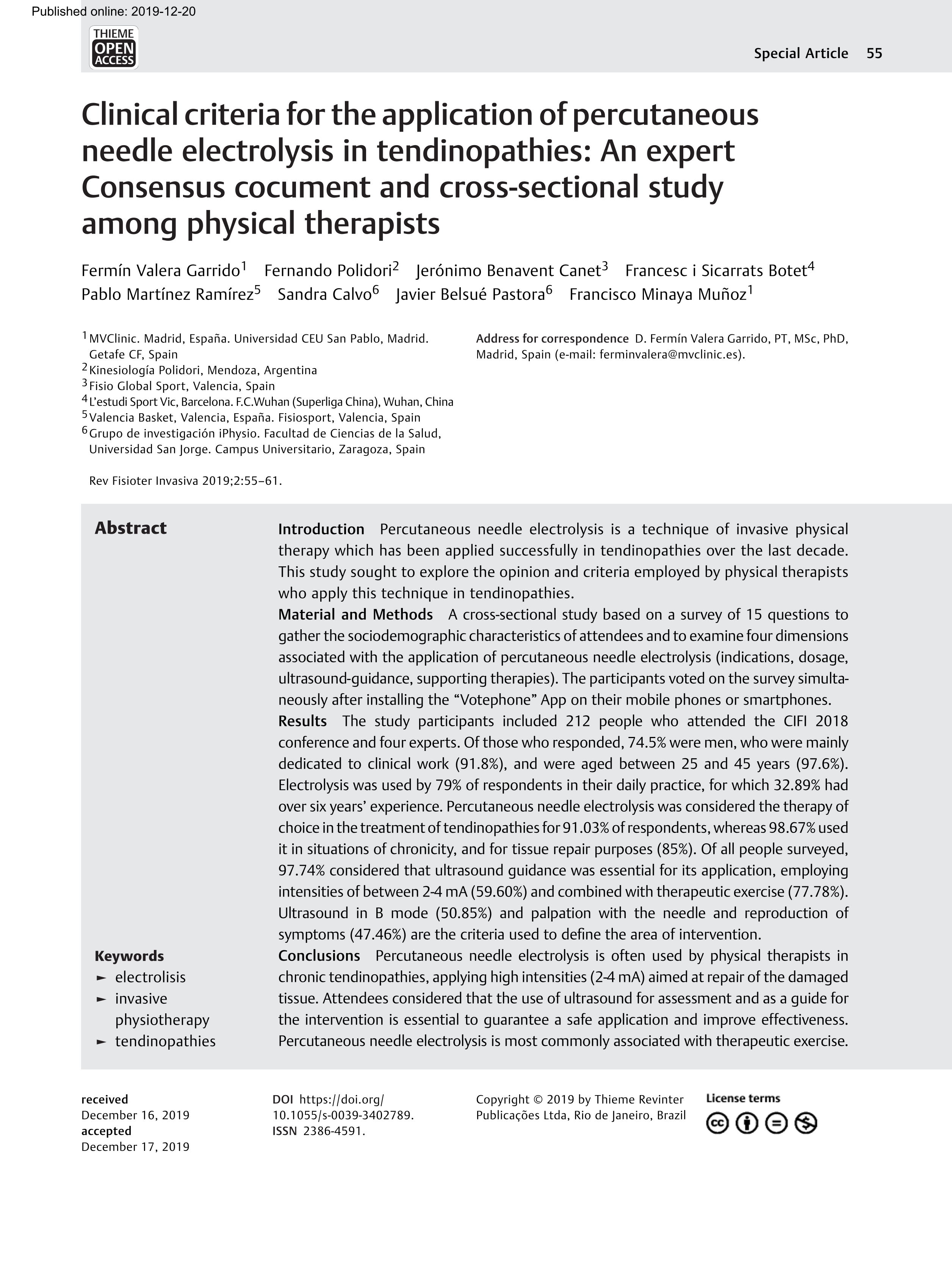 Clinical criteria for the application of percutaneous needle electrolysis in tendinopathies: An expert Consensus cocument and cross-sectional study among physical therapists