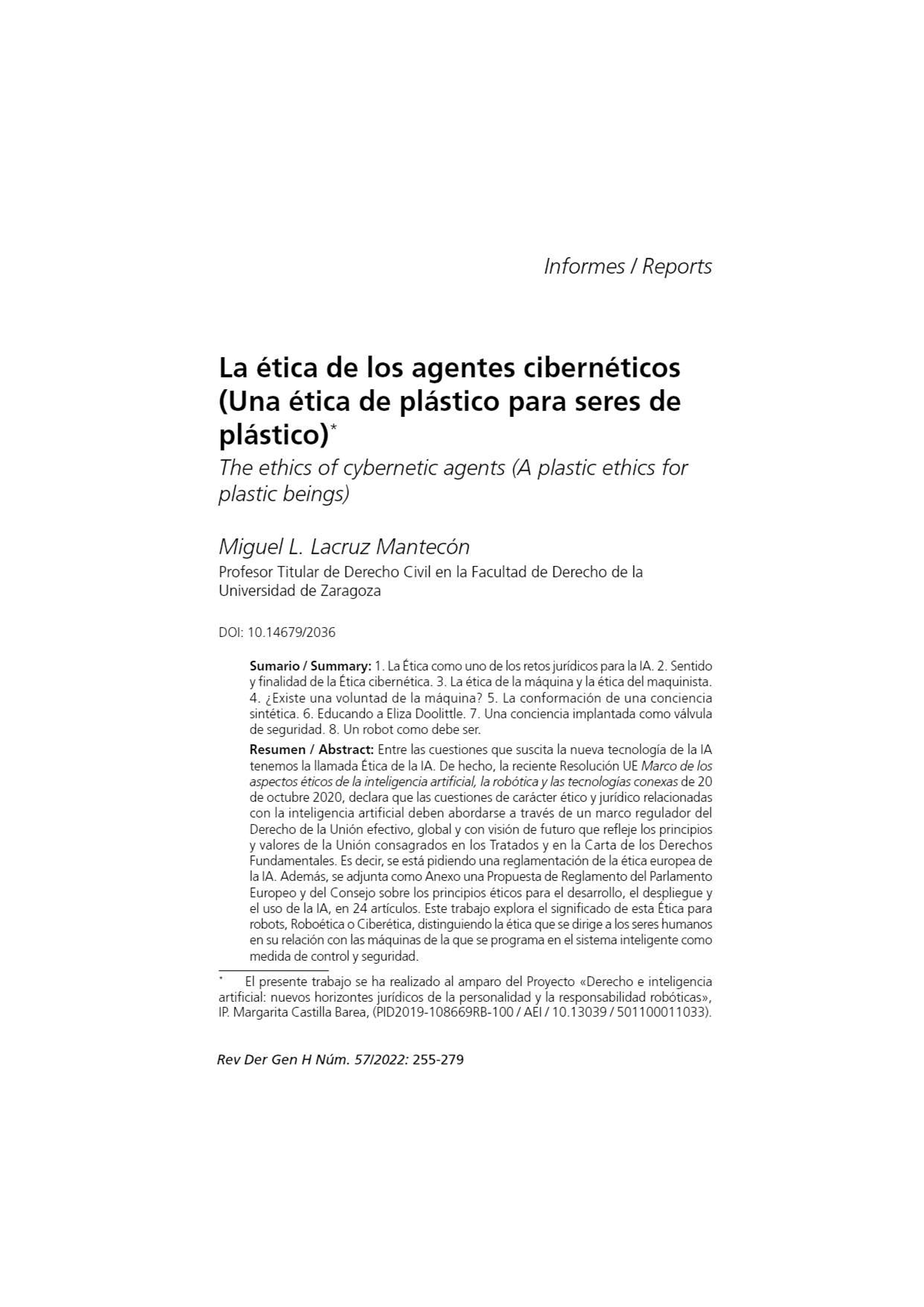 La ética de los agentes cibernéticos: (Una ética de plástico para seres de plástico)