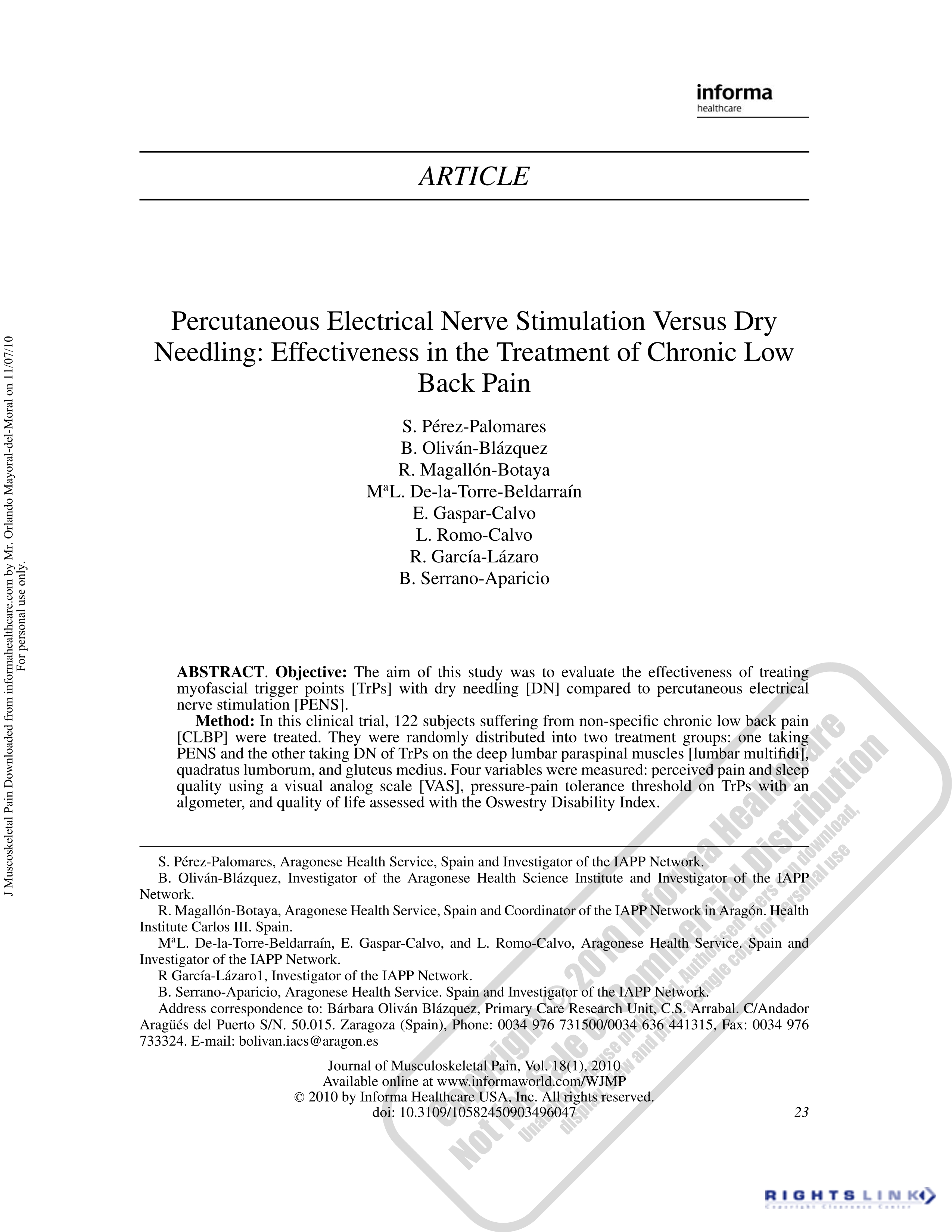 Percutaneous electrical nerve stimulation versus dry needling: Effectiveness in the treatment of chronic low back pain