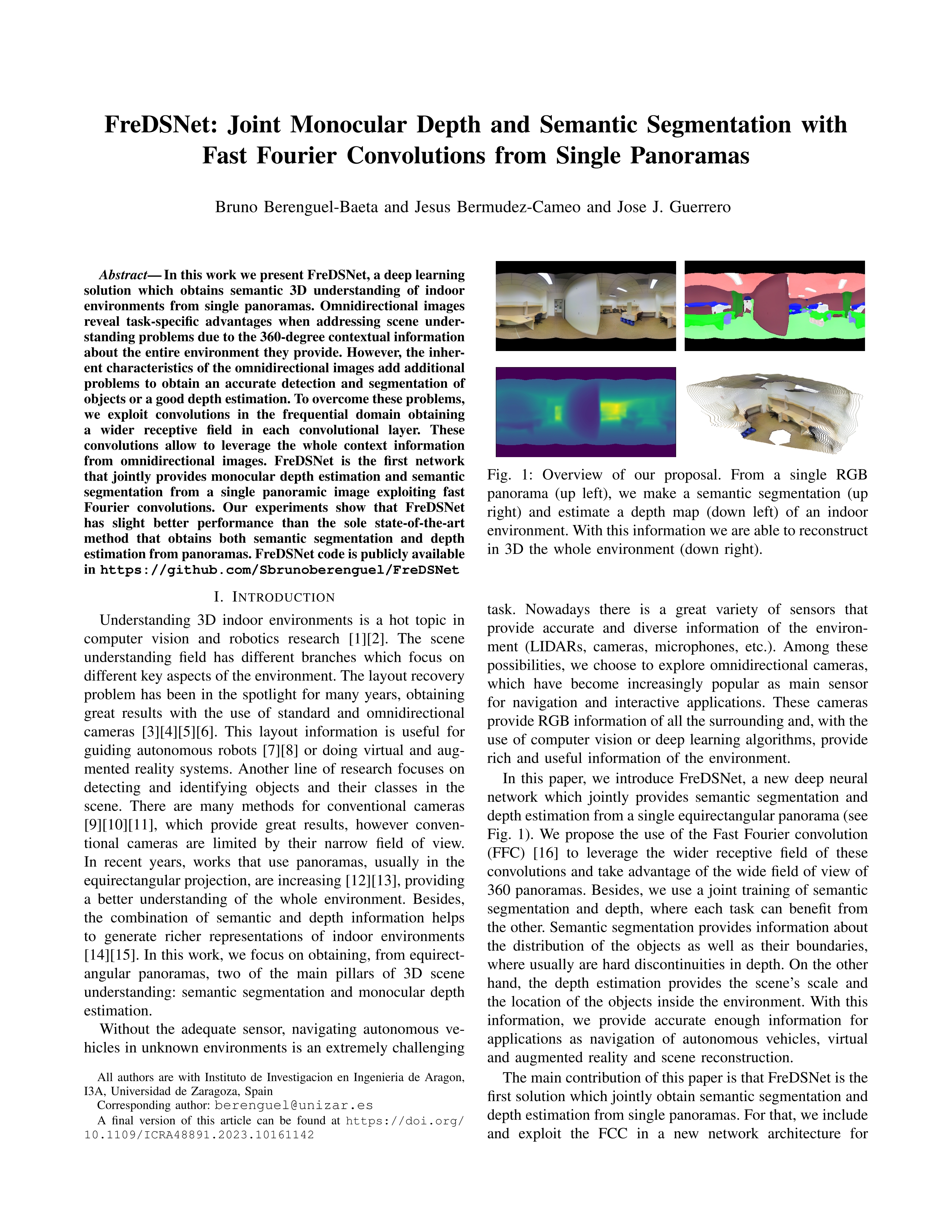 Fredsnet: joint monocular depth and semantic segmentation with fast fourier convolutions from single panoramas