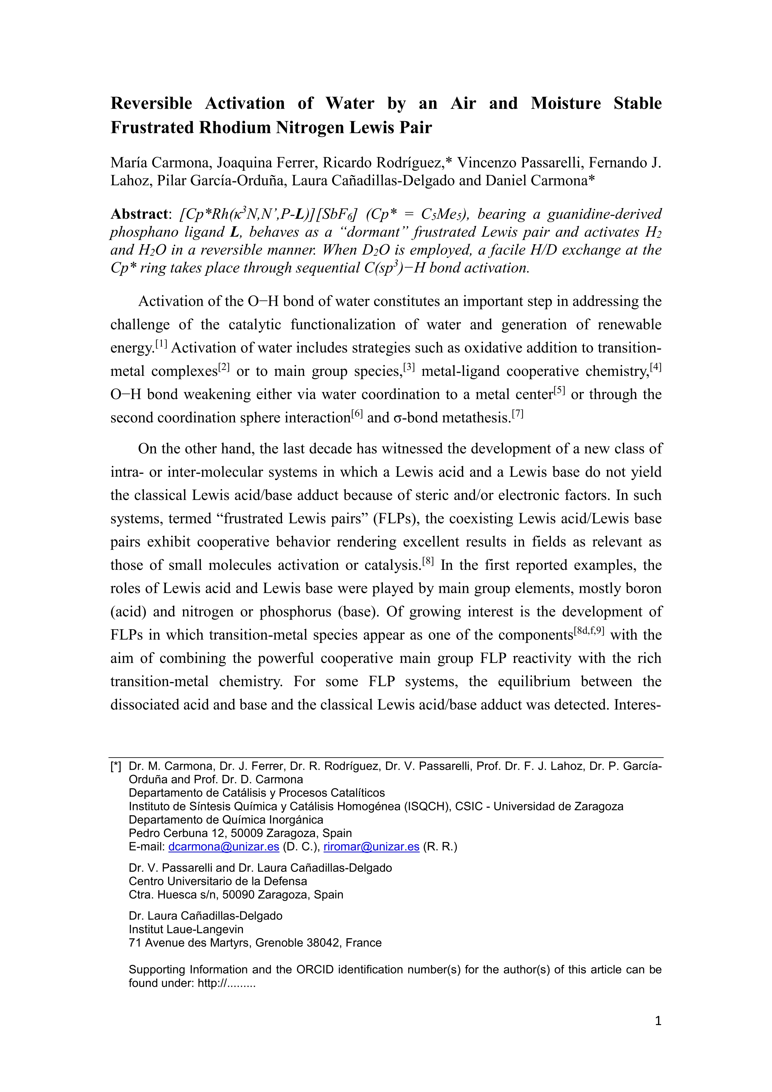 Reversible activation of water by an air-and moisture-stable frustrated Rhodium Nitrogen Lewis Pair