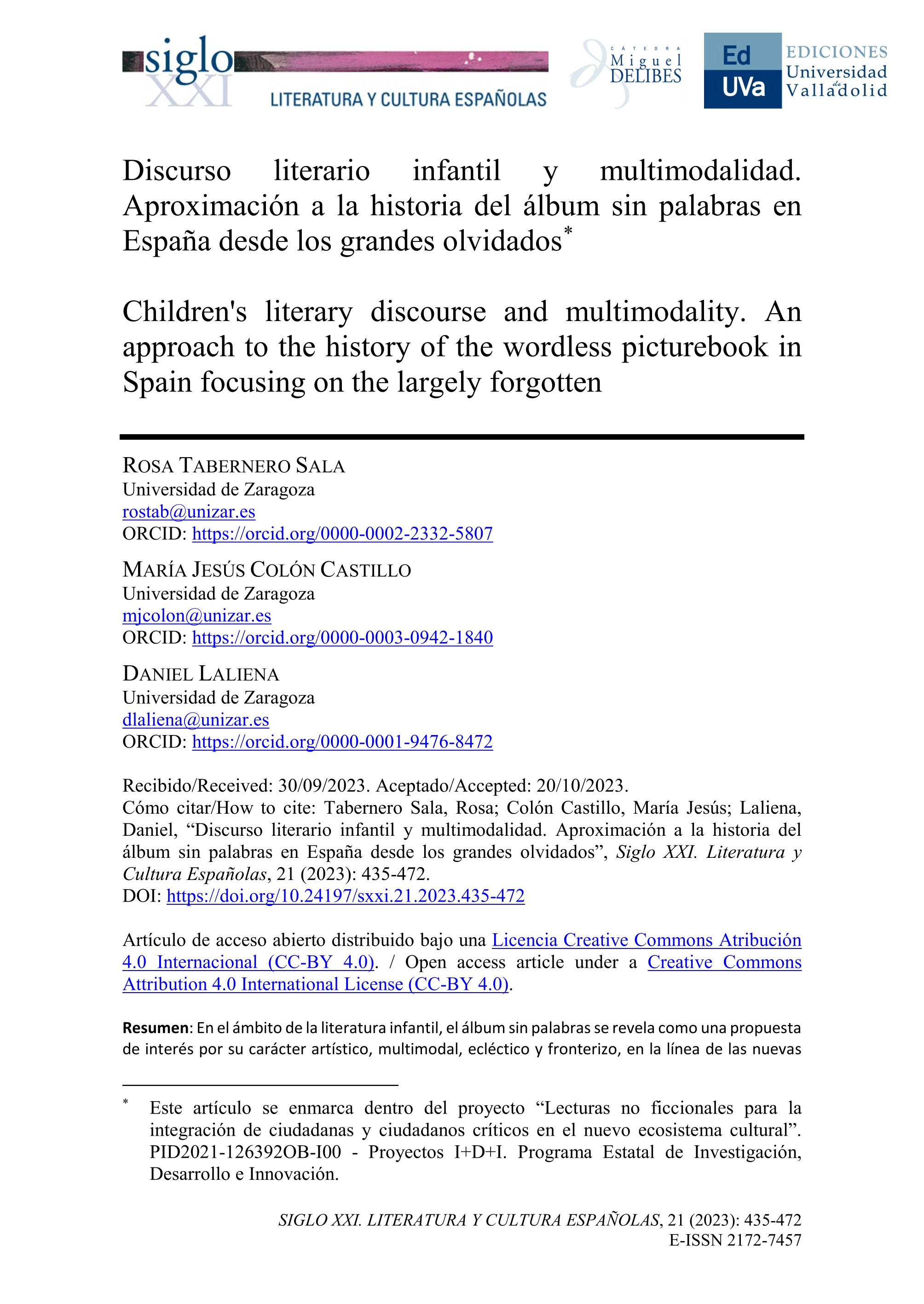 Discurso literario infantil y multimodalidad. Aproximación a la historia del álbum sin palabras en España desde los grandes olvidados