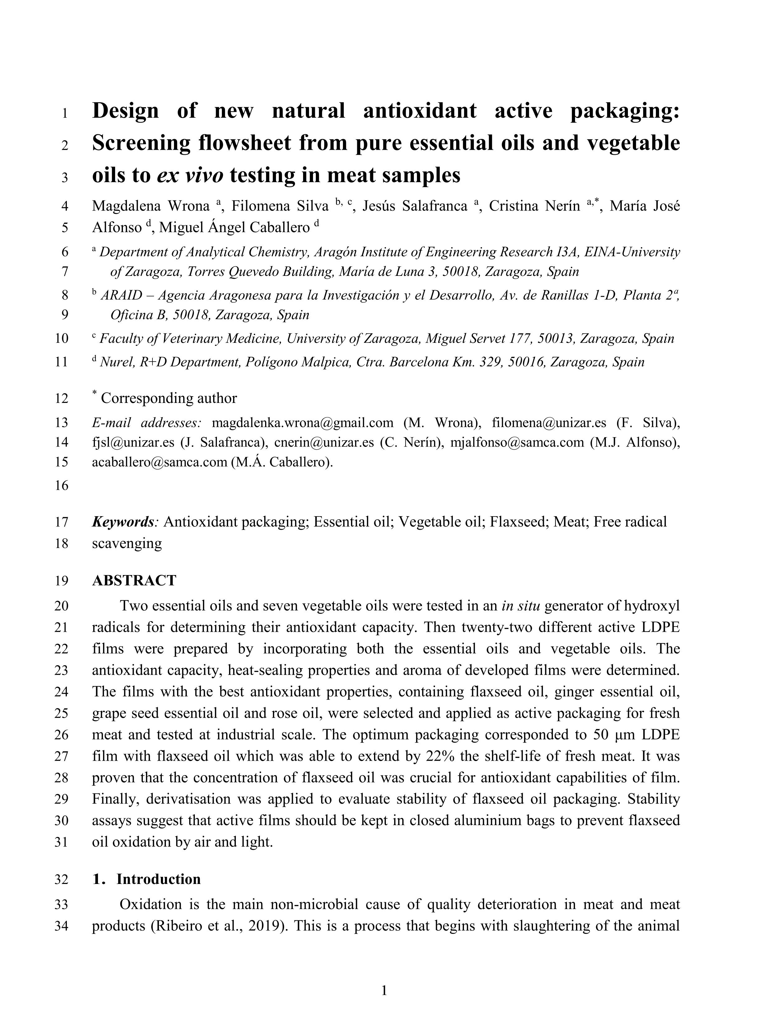 Design of new natural antioxidant active packaging: Screening flowsheet from pure essential oils and vegetable oils to ex vivo testing in meat samples