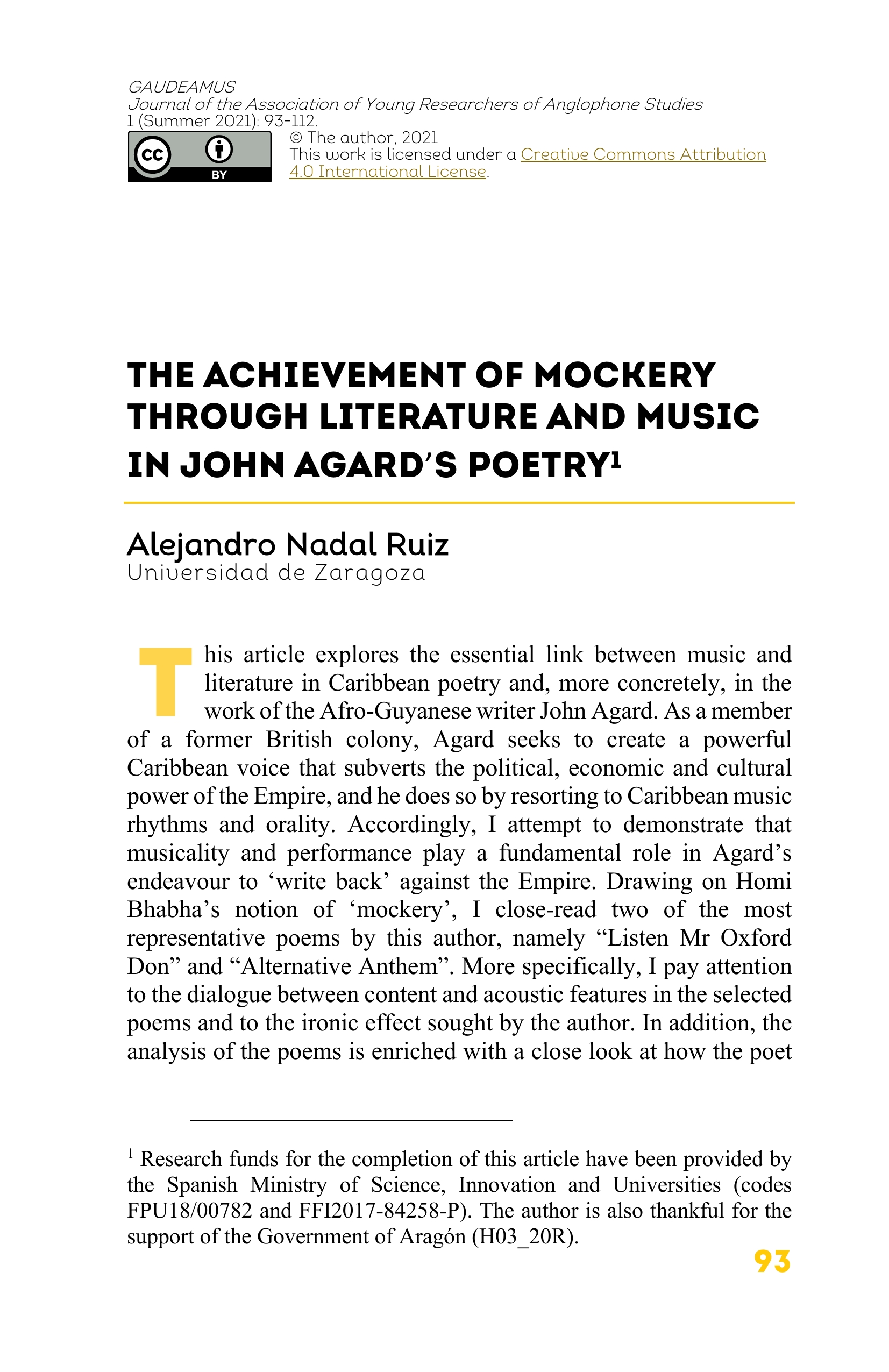 The achievement of mockery through literature and music in John Agard’s poetry