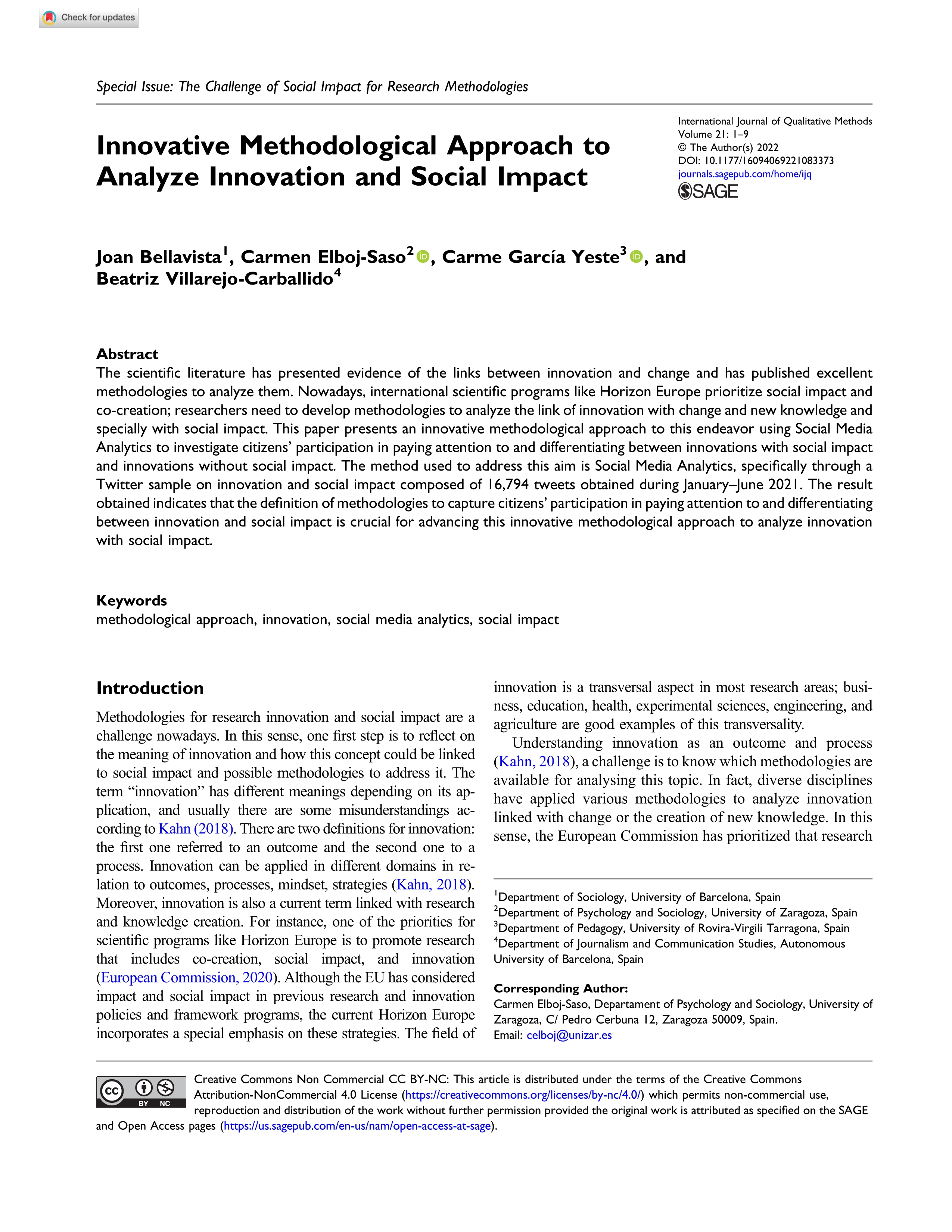 Innovative methodological approach to analyze innovation and social impact