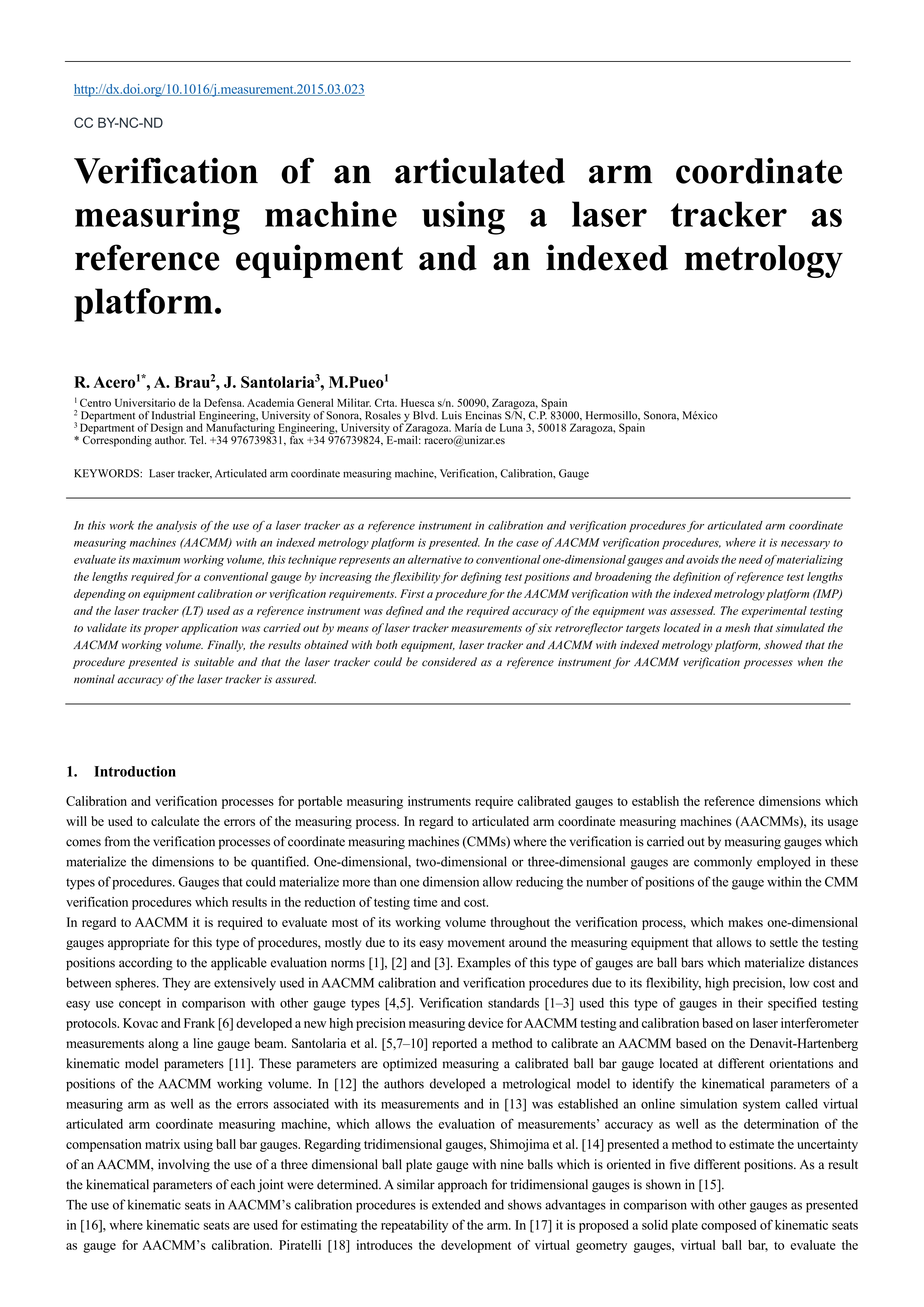 Verification of an articulated arm coordinate measuring machine using a laser tracker as reference equipment and an indexed metrology platform