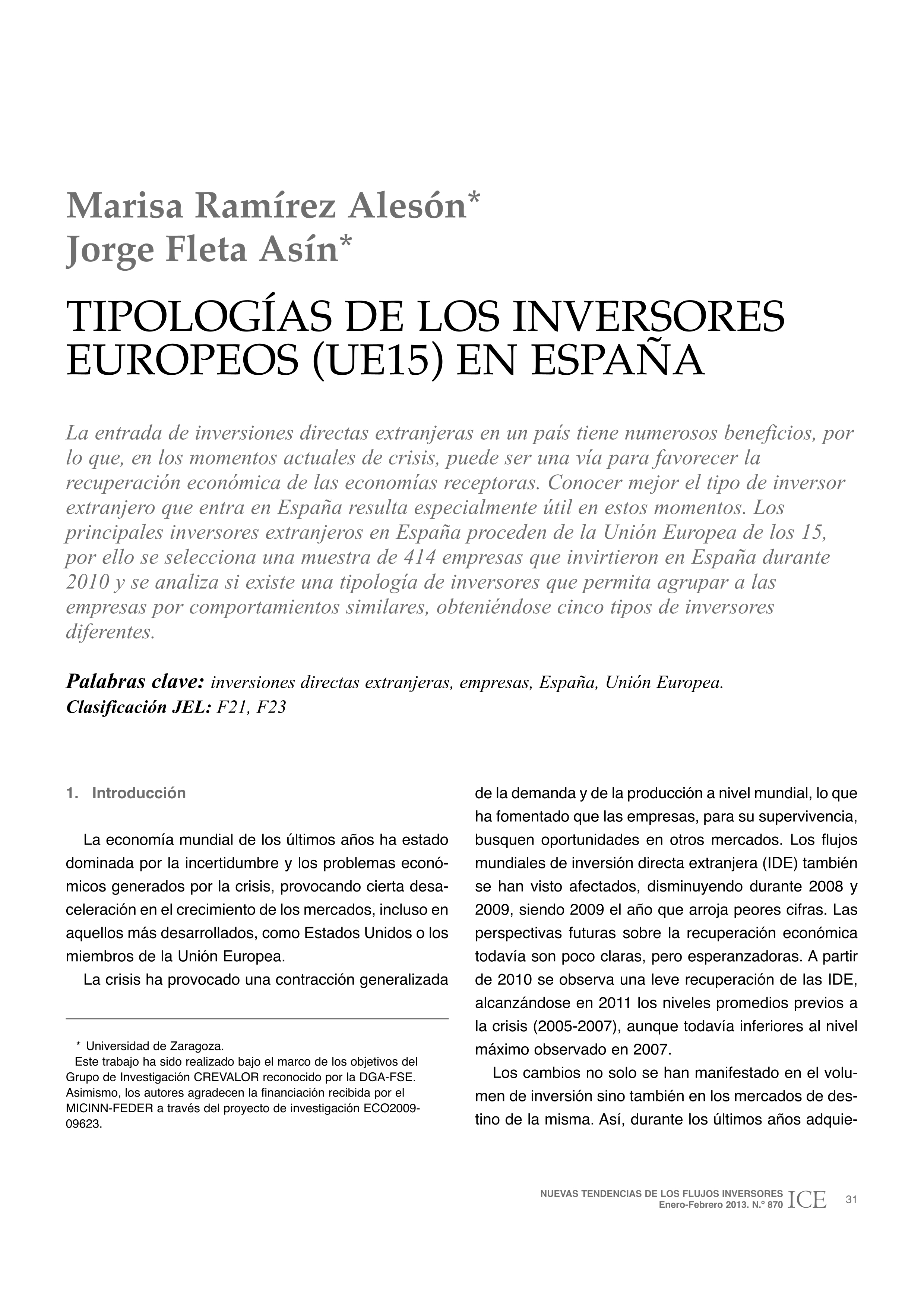 Tipologías de los inversores europeos (UE-15) en España