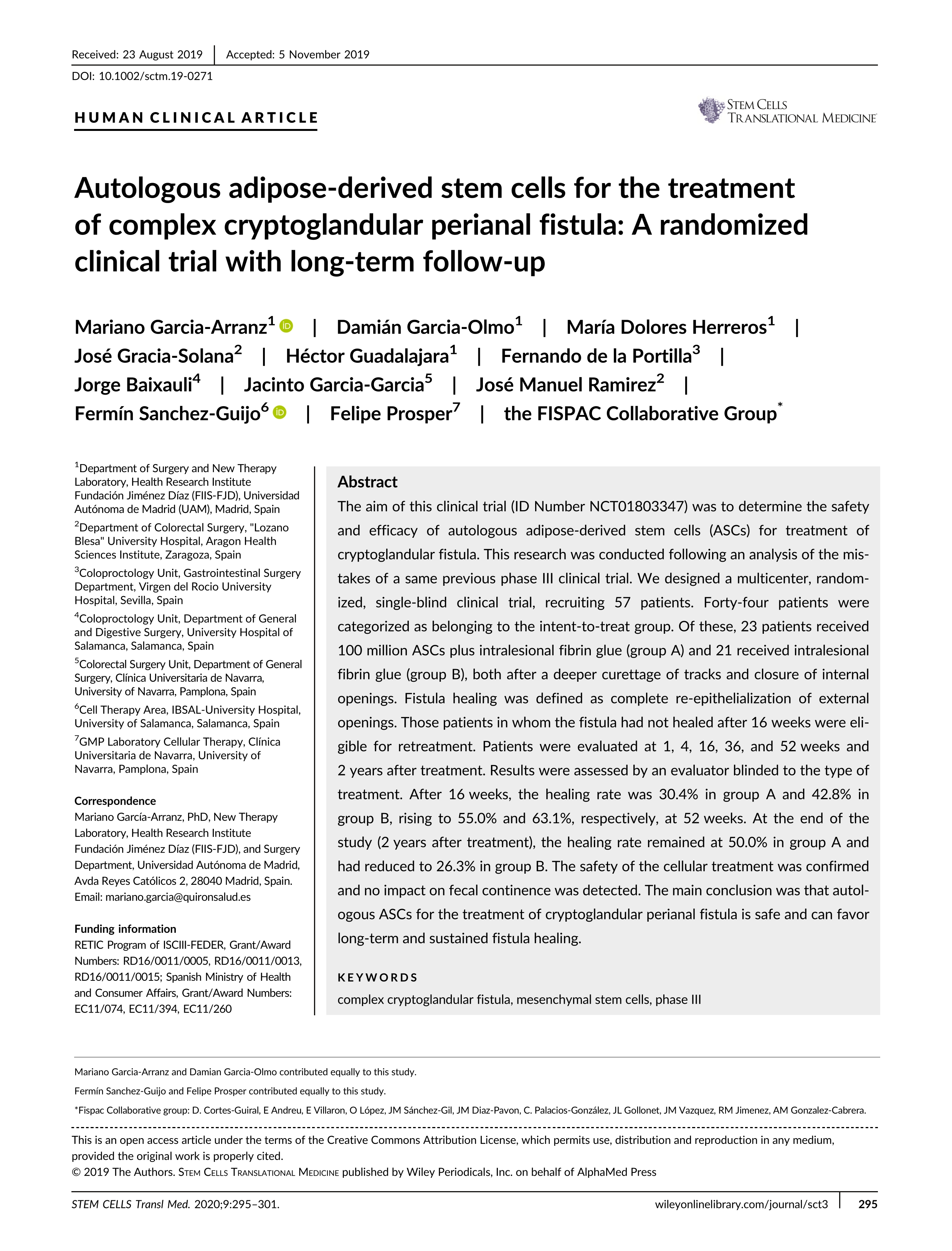 Autologous adipose-derived stem cells for the treatment of complex cryptoglandular perianal fistula: A randomized clinical trial with long-term follow-up