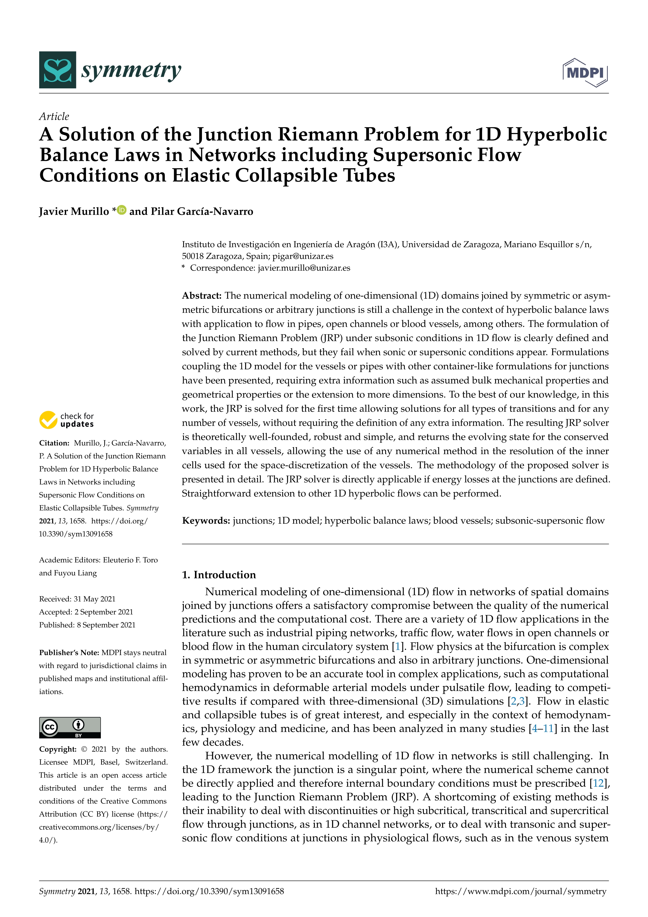 A solution of the junction riemann problem for 1d hyperbolic balance laws in networks including supersonic flow conditions on elastic collapsible tubes