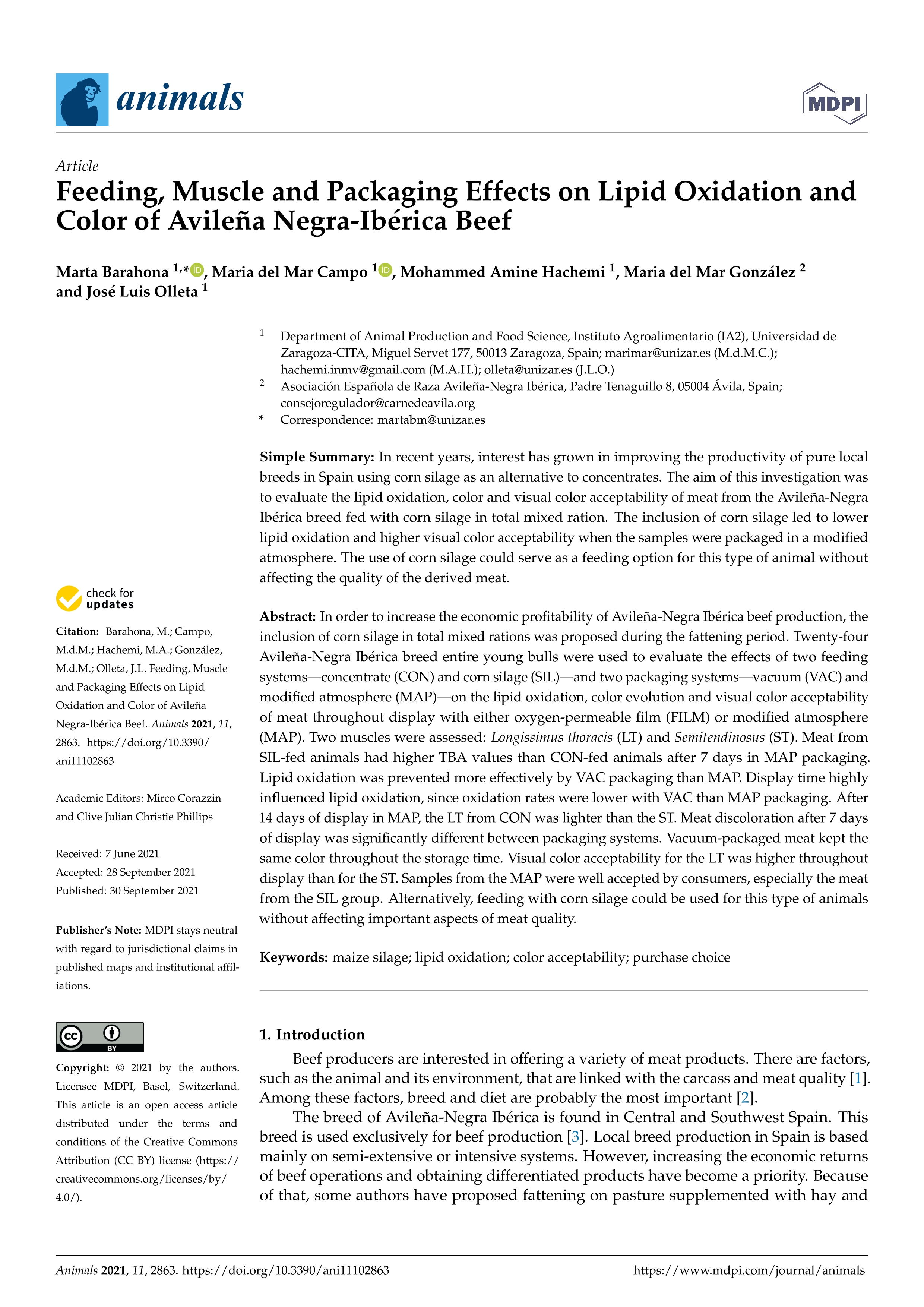 Feeding, muscle and packaging effects on lipid oxidation and color of avileña negra-ibérica beef