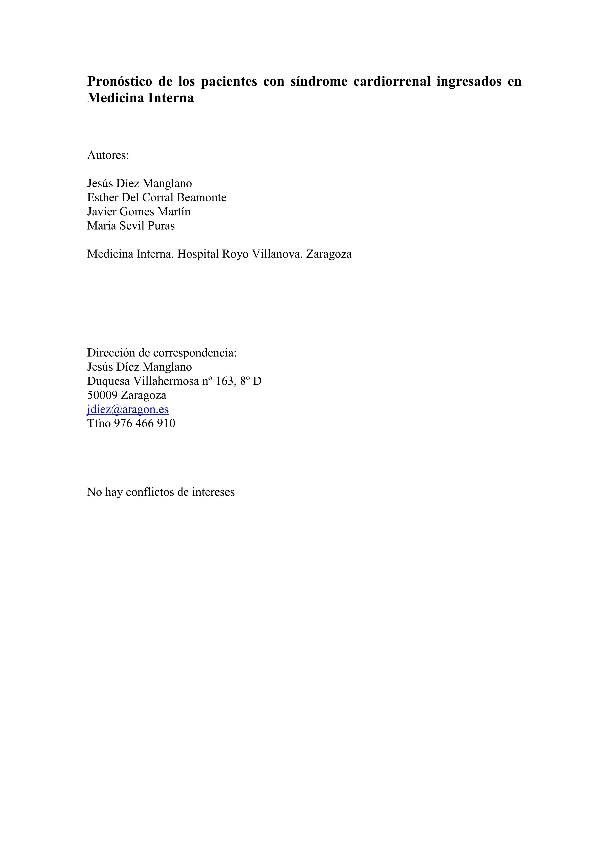 Pronóstico de los pacientes con síndrome cardiorrenal ingresados en Medicina Interna