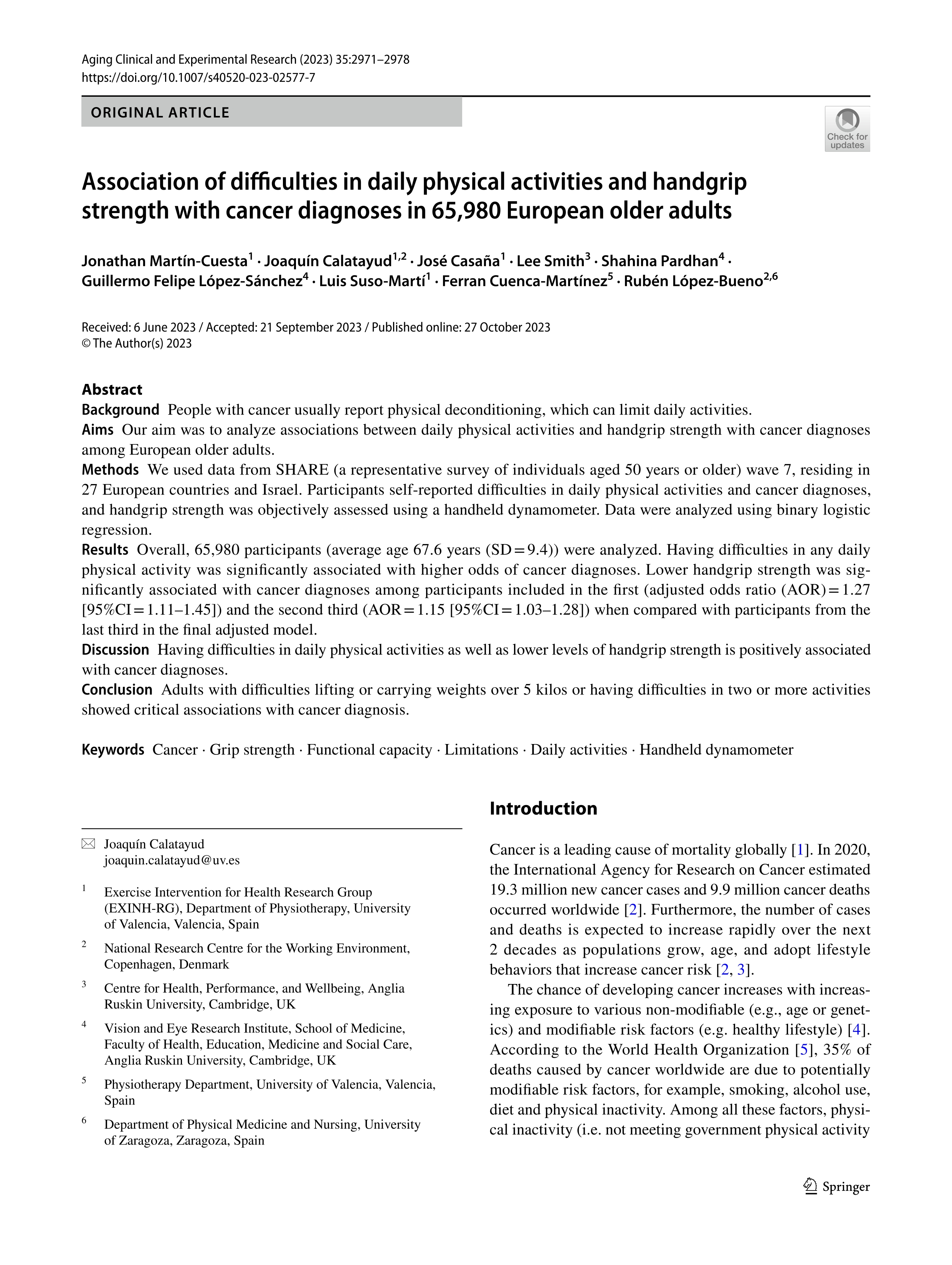 Association of difficulties in daily physical activities and handgrip strength with cancer diagnoses in 65,980 European older adults