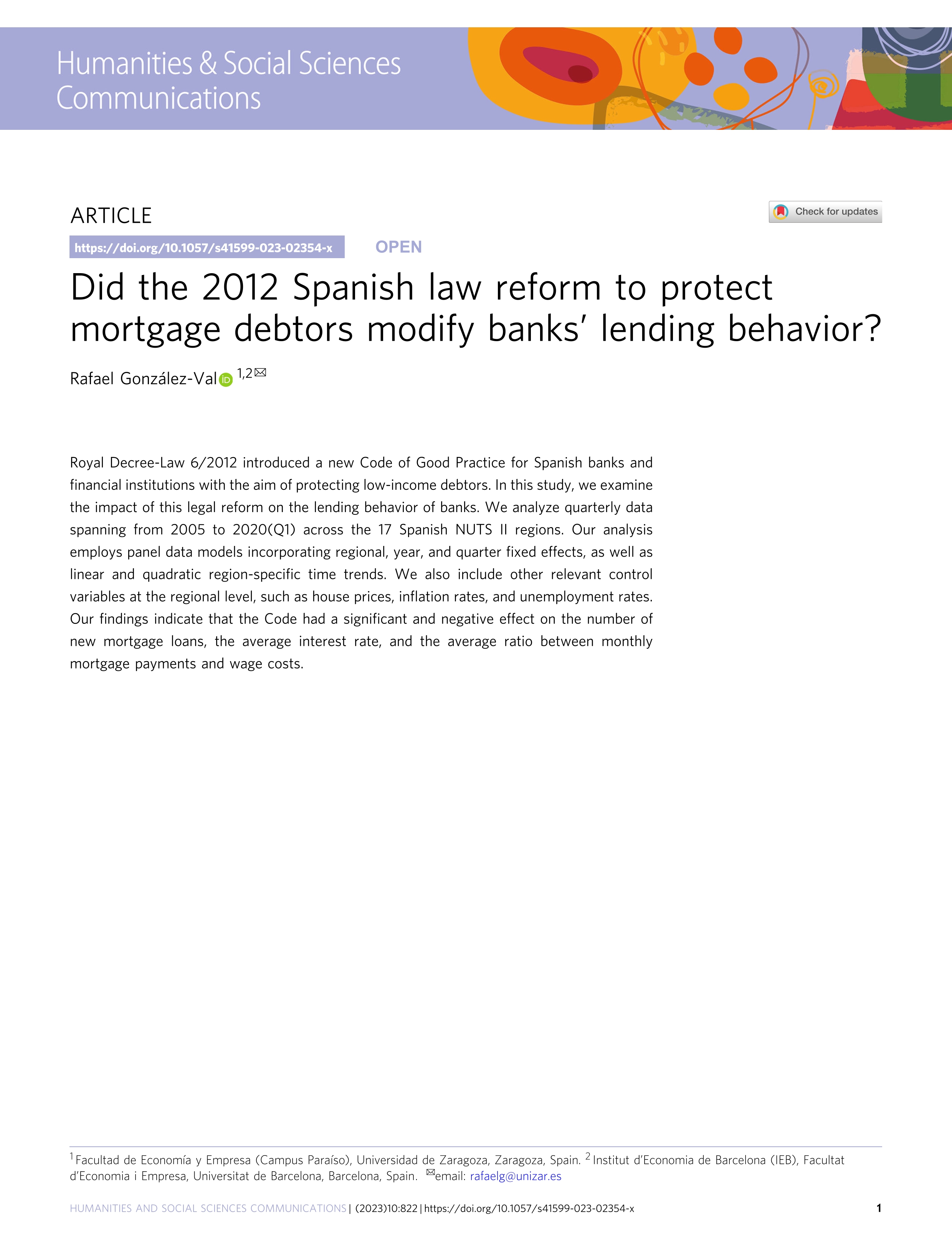 Did the 2012 Spanish law reform to protect mortgage debtors modify banks’ lending behavior?