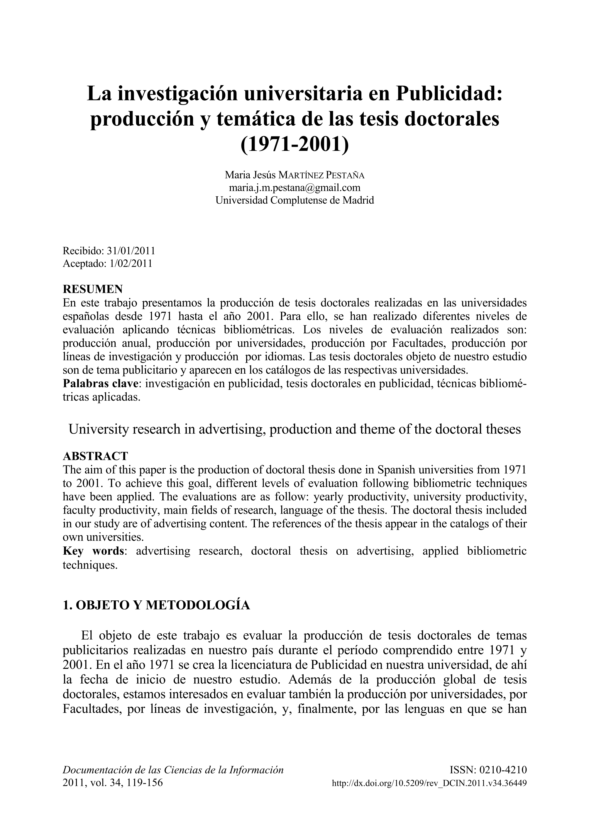 La investigación universitaria en Publicidad: Producción y temática de tesis doctorales (1971-2001)