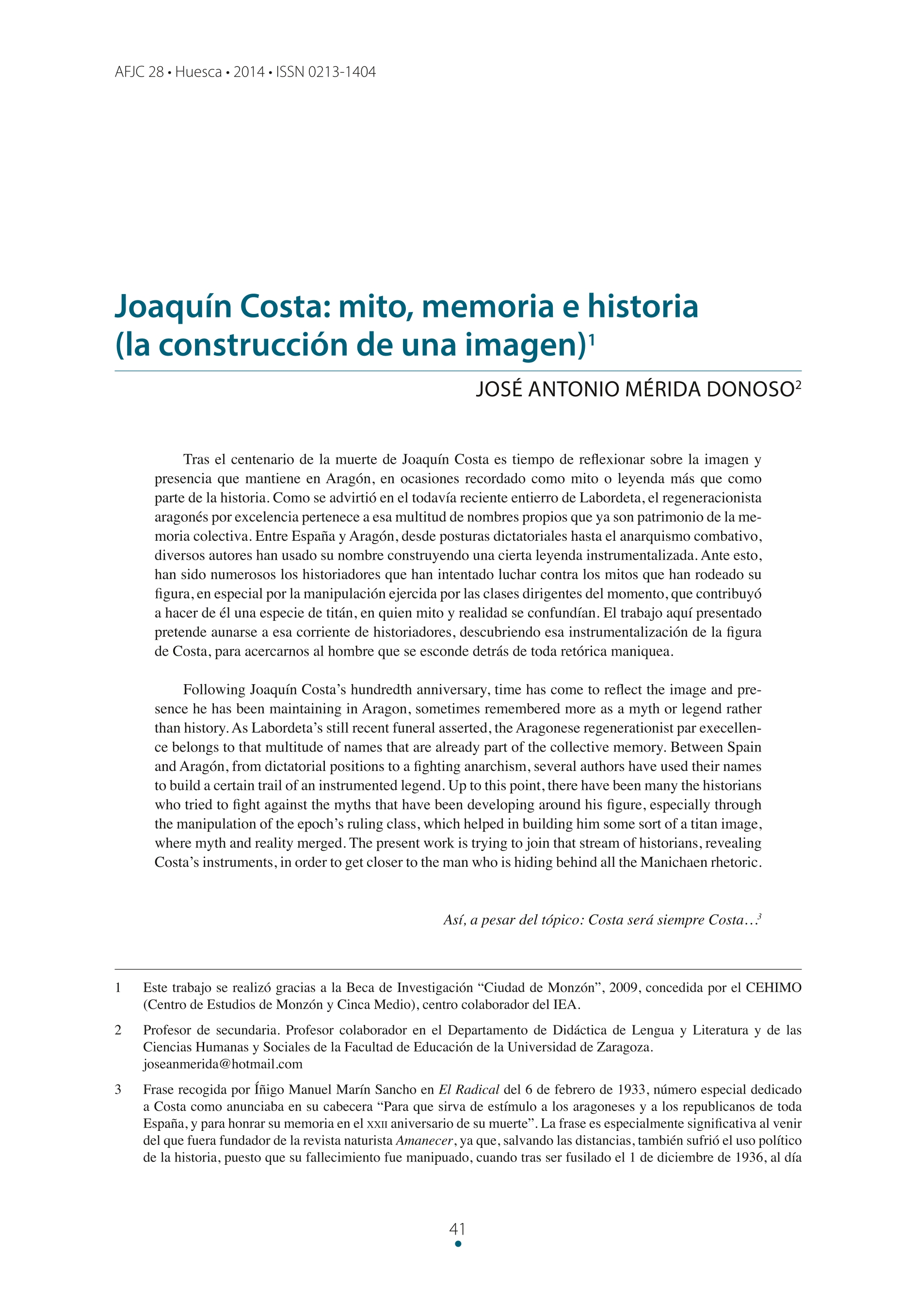 Joaquín Costa: mito, memoria e historia (la construcción de una imagen)