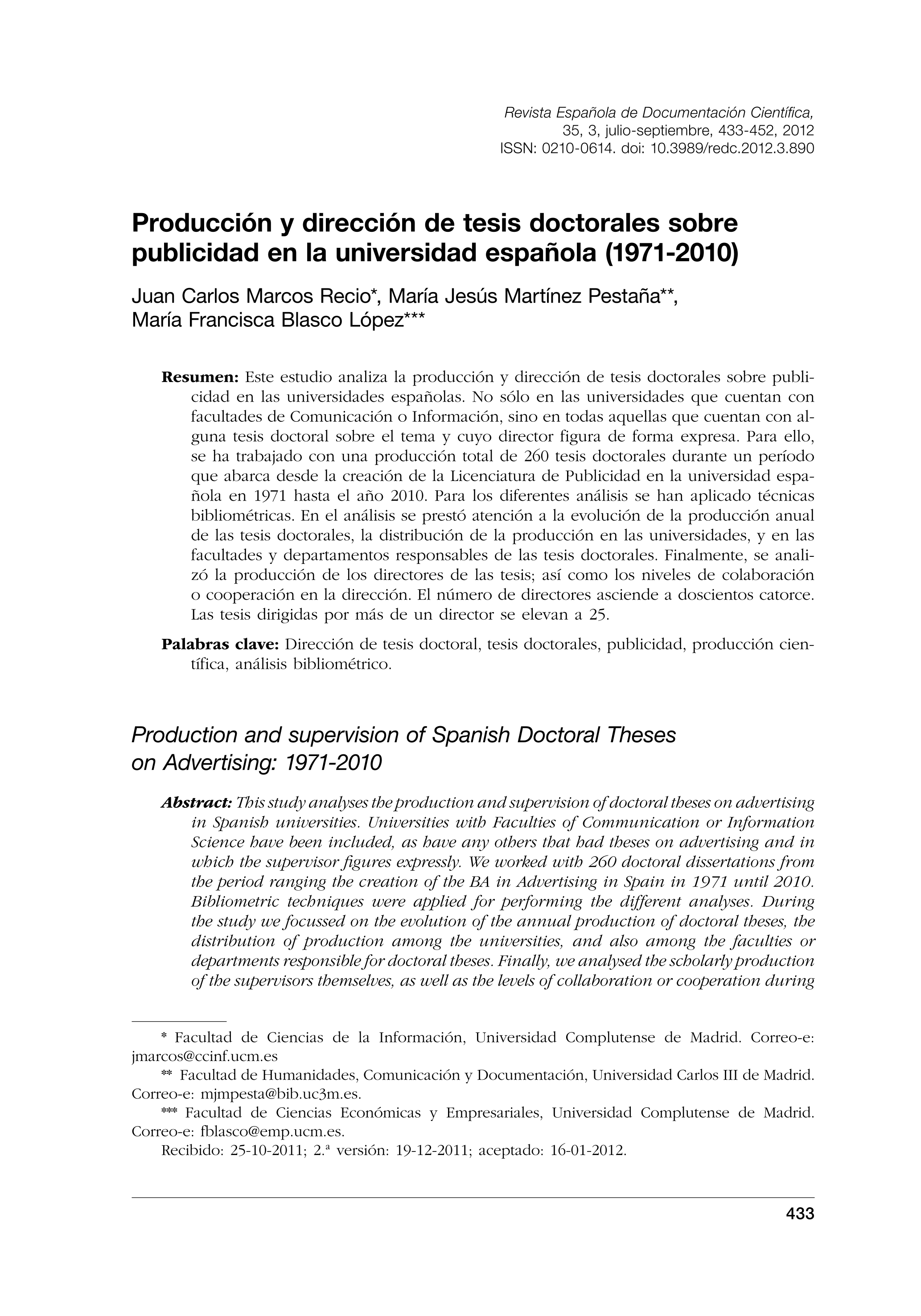Producción y dirección de tesis doctorales sobre publicidad en la universidad española (1971-2010)