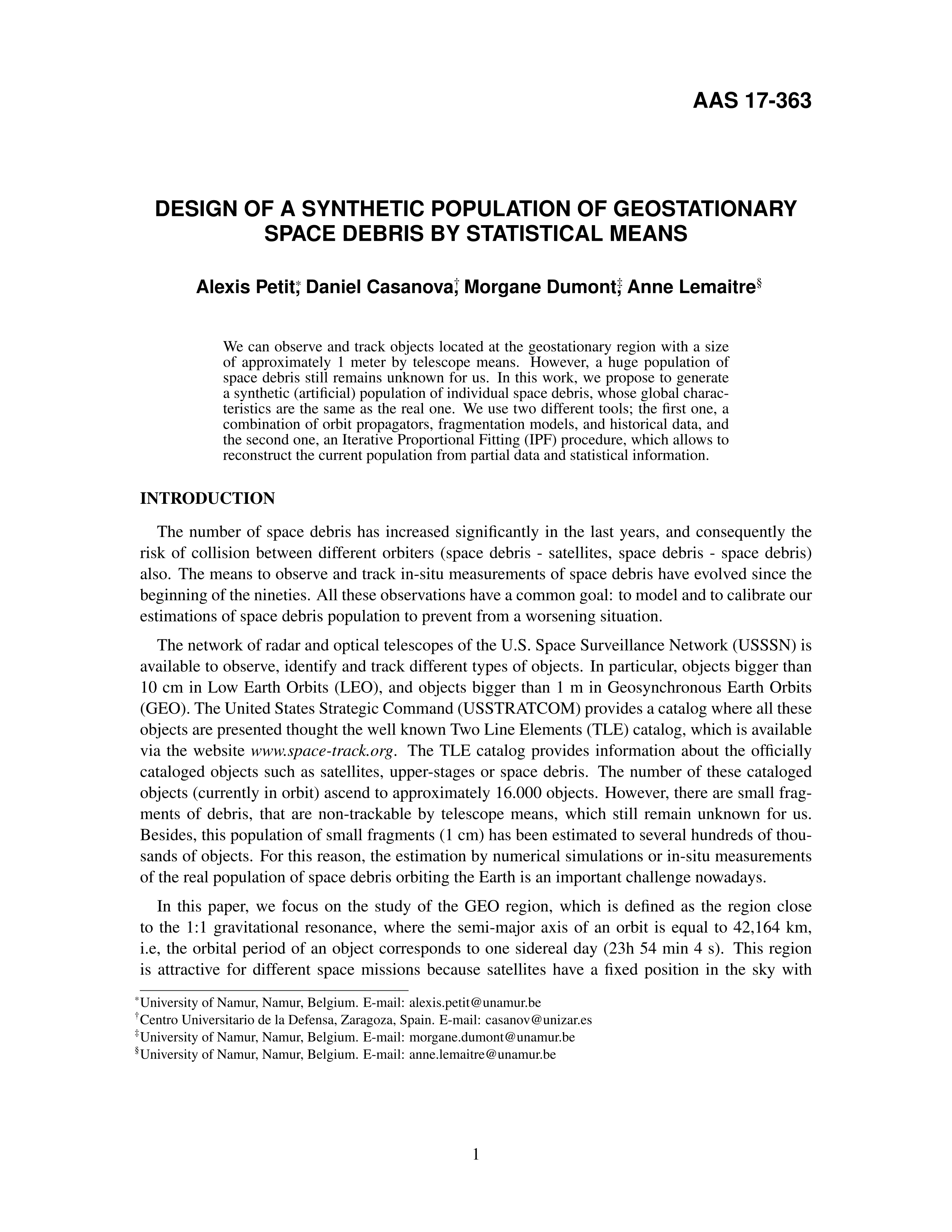 Design of a synthetic population of geostationary space debris by statistical means