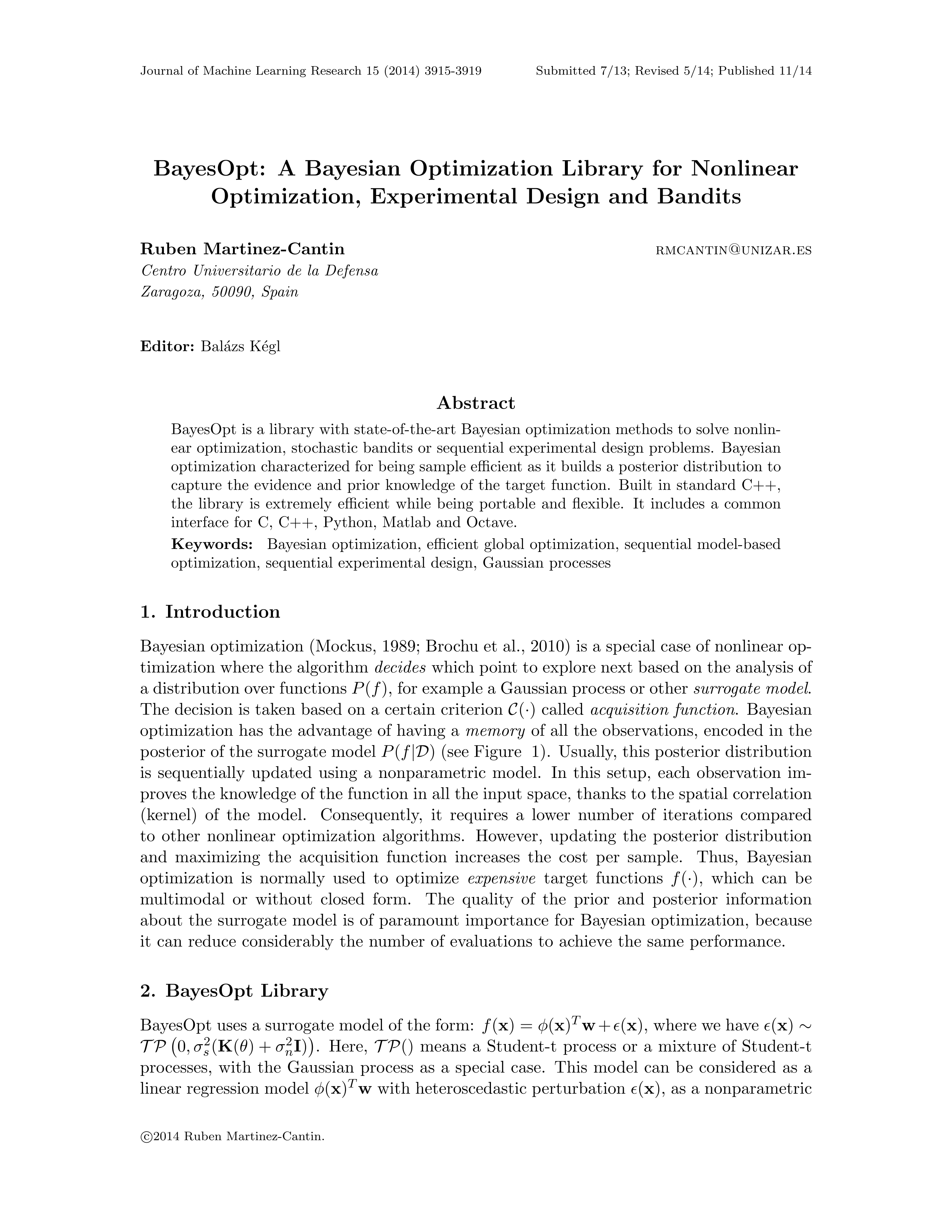 BayesOpt: A Bayesian optimization library for nonlinear optimization, experimental design and bandits