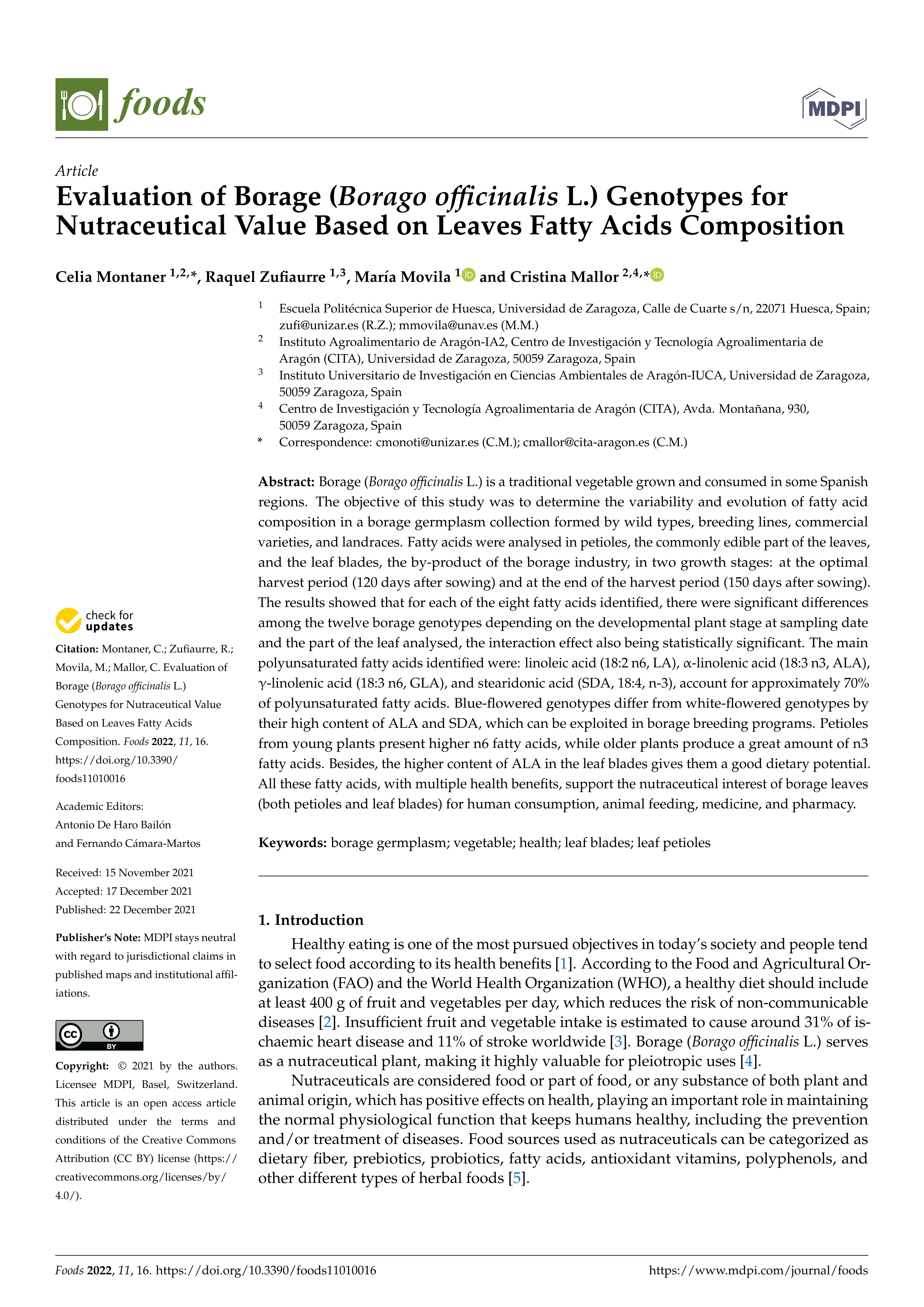 Evaluation of Borage (Borago officinalis L.) Genotypes for Nutraceutical Value Based on Leaves Fatty Acids Composition