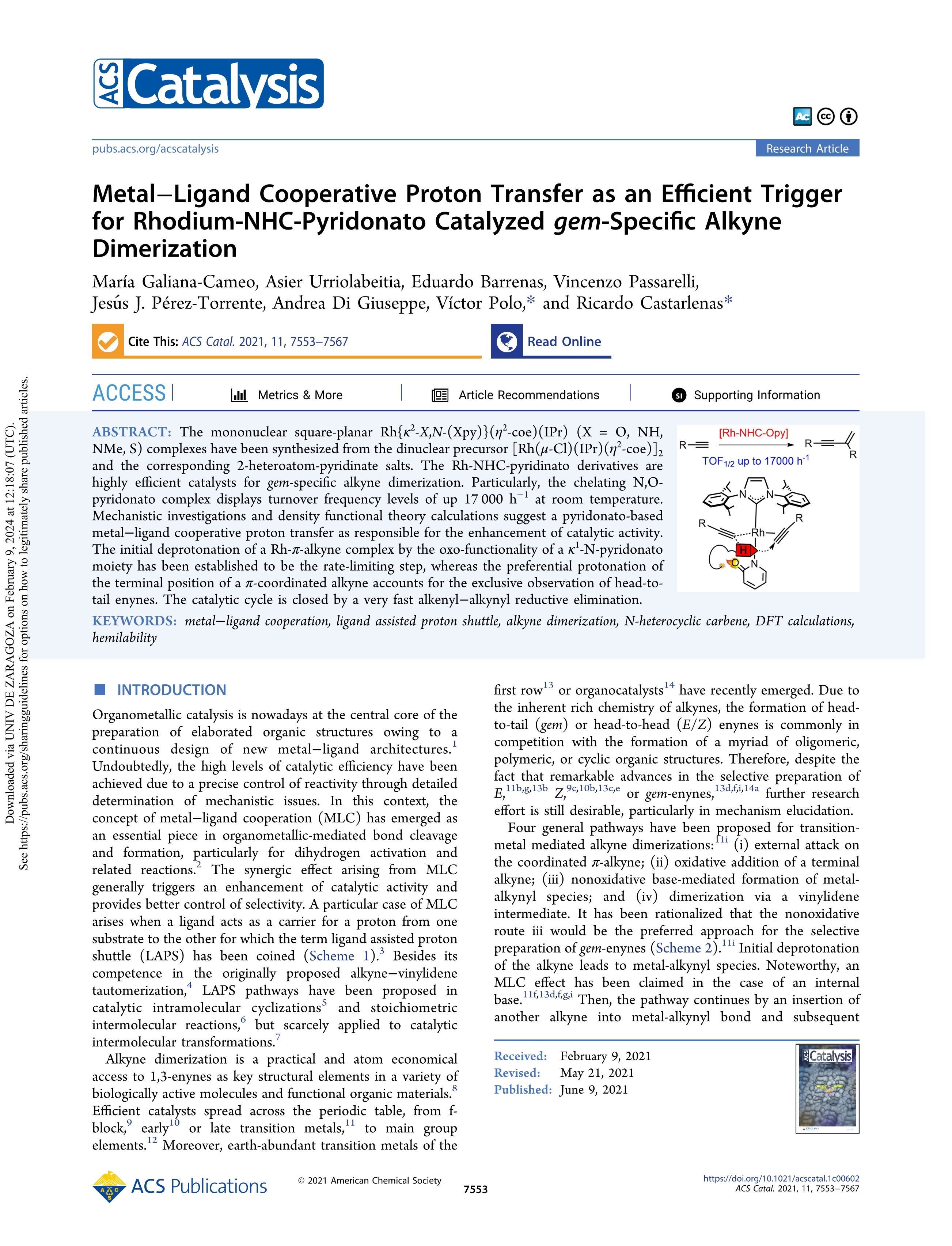 Metal-Ligand Cooperative Proton Transfer as an Efficient Trigger for Rhodium-NHC-Pyridonato Catalyzed gem-Specific Alkyne Dimerization