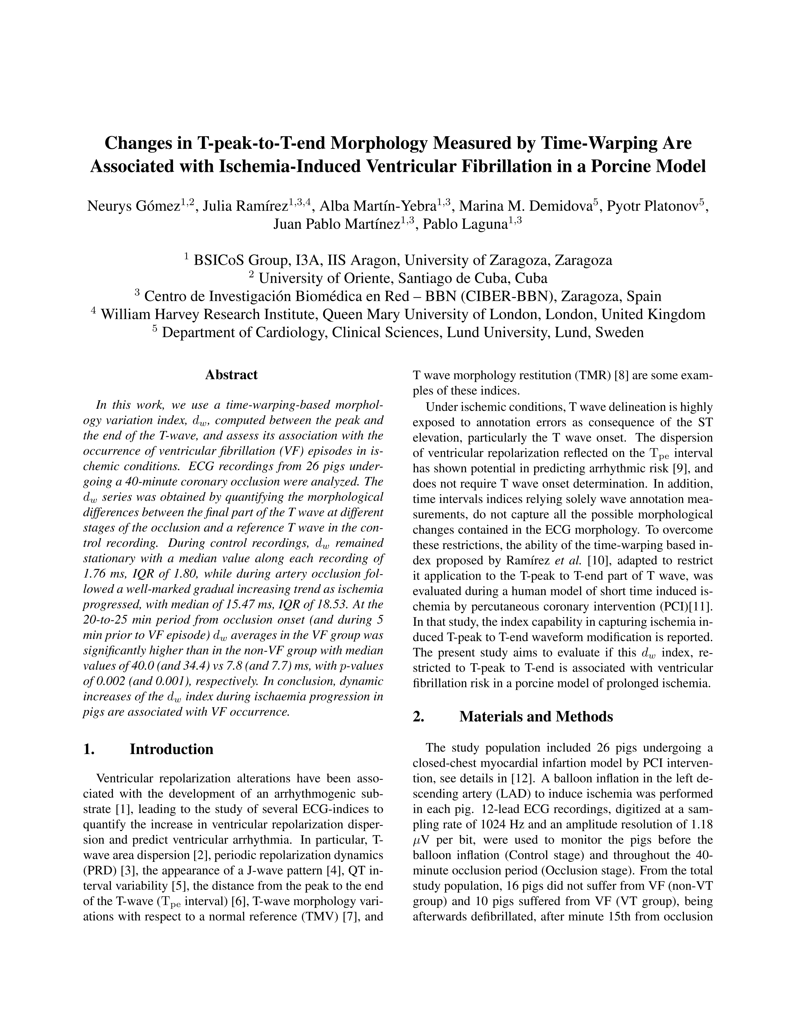 Changes in T-peak-to-T-end Morphology Measured by Time-Warping Are Associated with Ischemia-Induced Ventricular Fibrillation in a Porcine Model