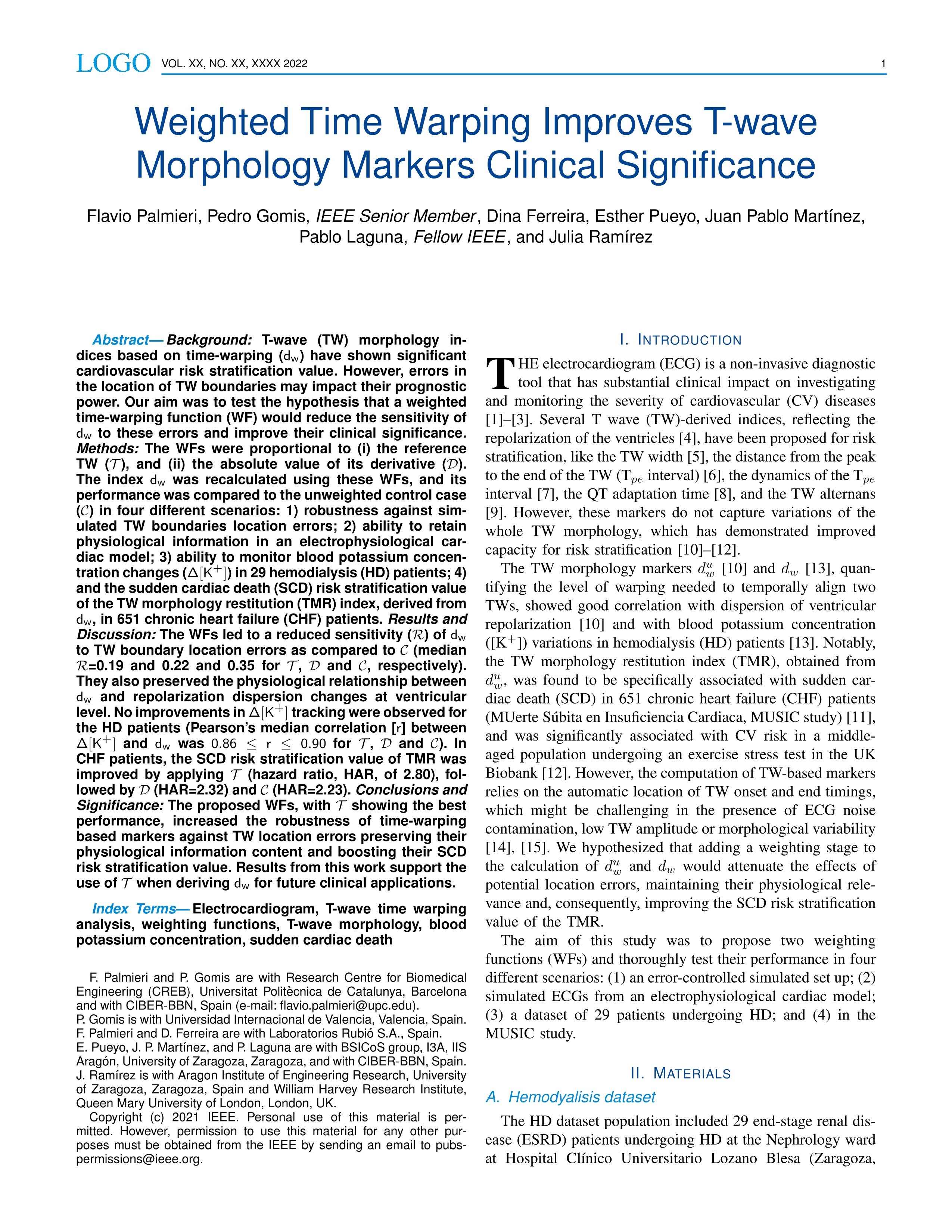 Weighted Time Warping Improves T-wave Morphology Markers Clinical Significance; 35196223