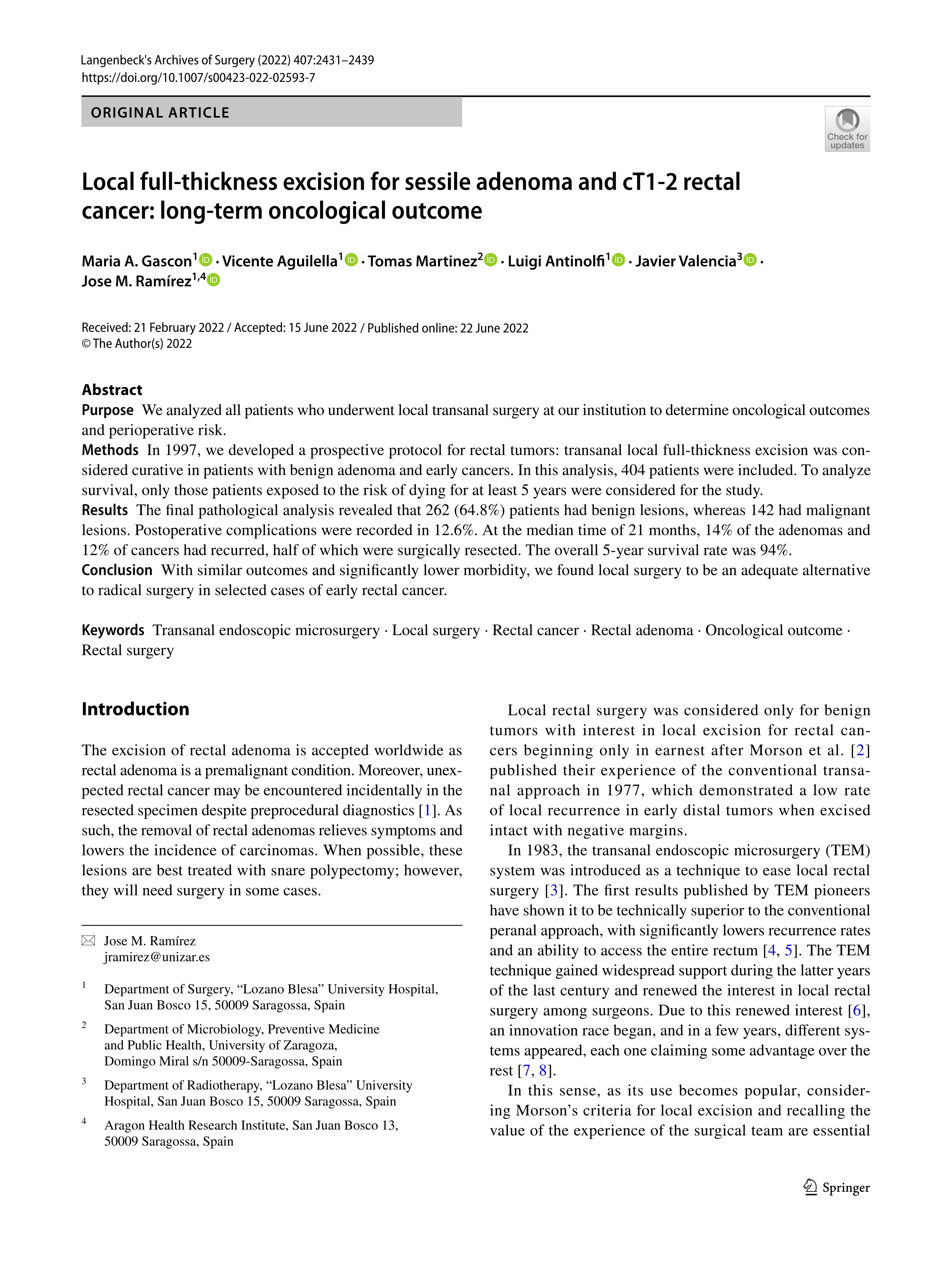 Local full-thickness excision for sessile adenoma and cT1-2 rectal cancer: long-term oncological outcome