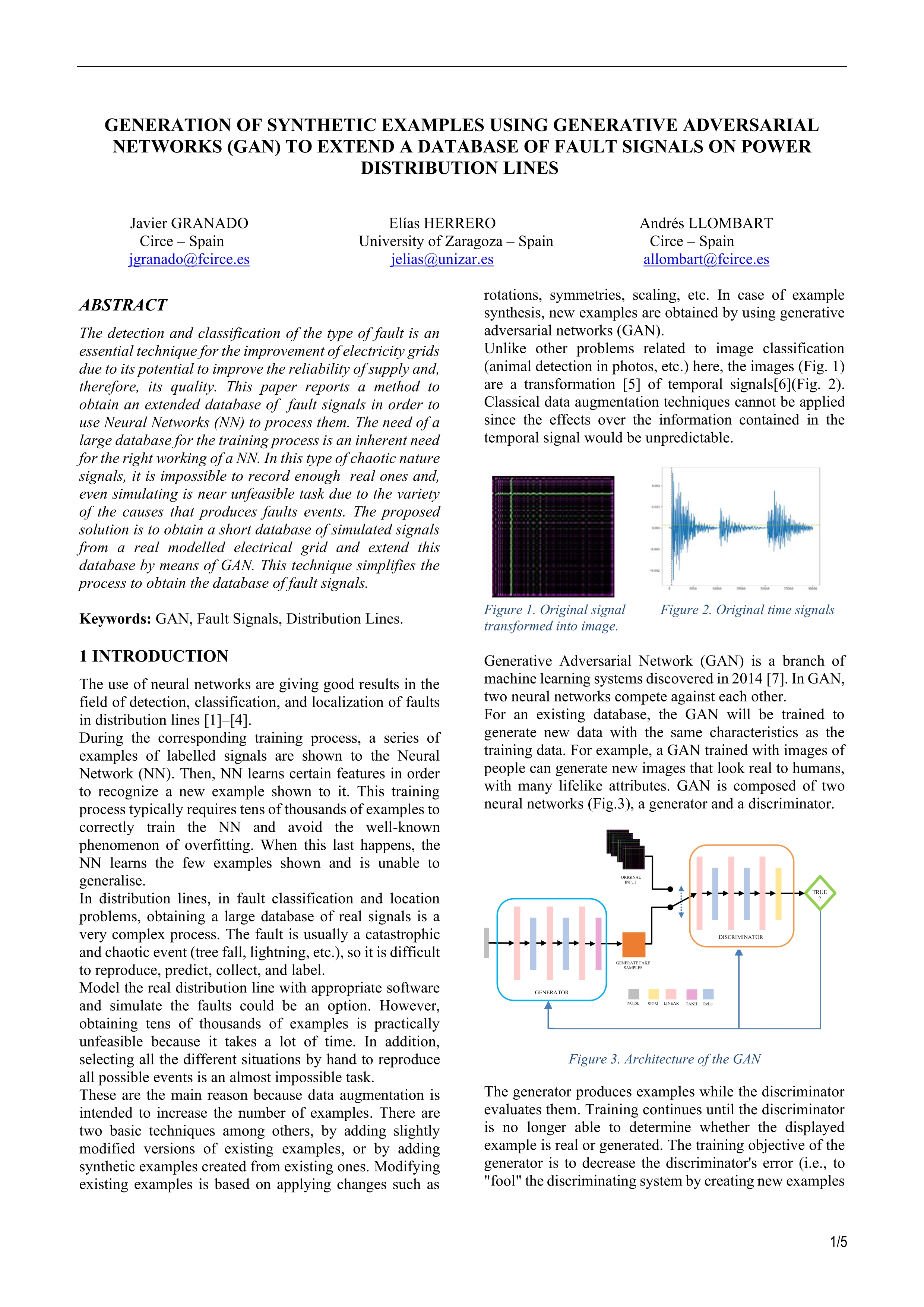 Generation of synthetic examples using generative adversarial networks (GAN) to extend a database of fault signals on power distribution lines