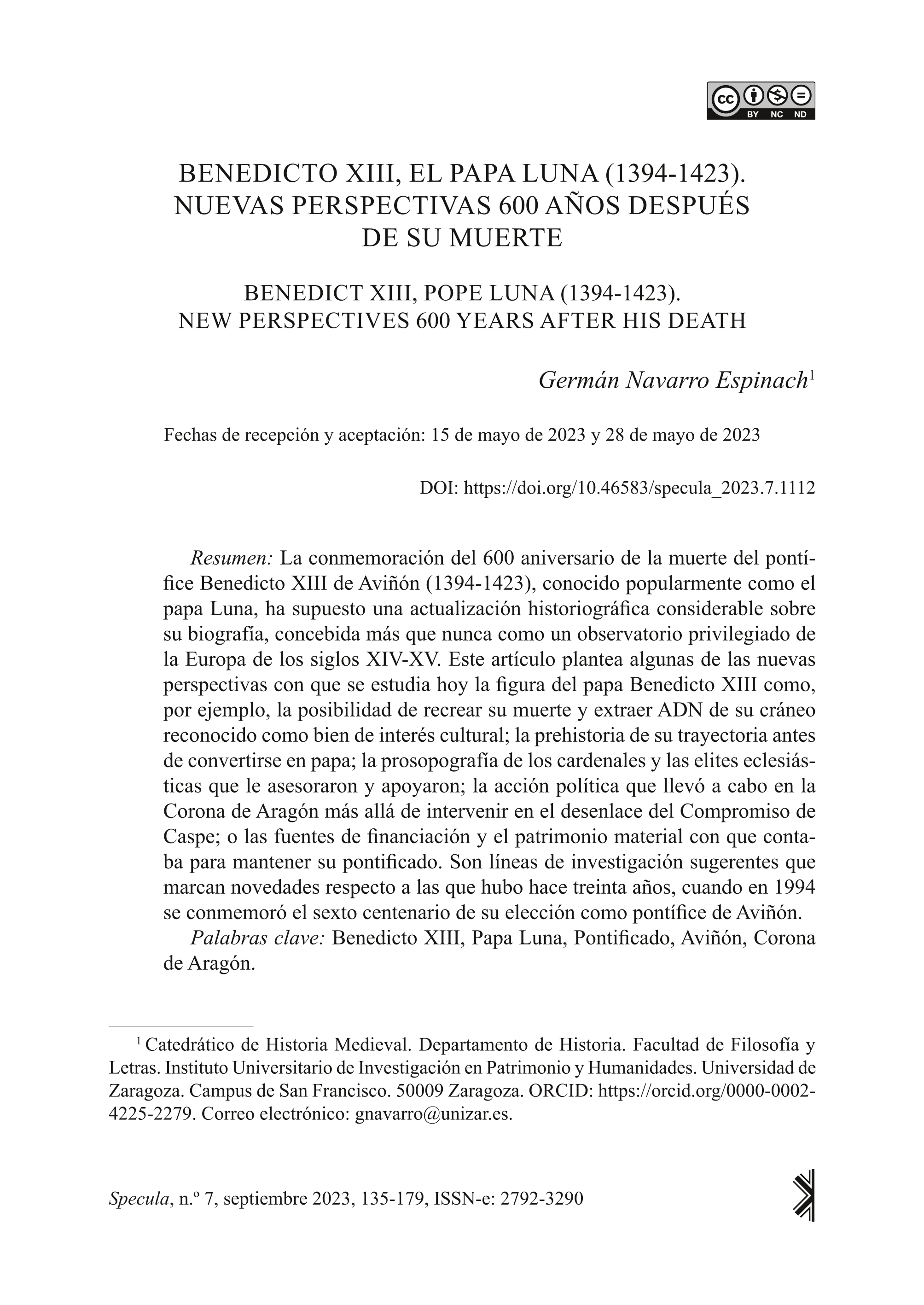 Benedicto XIII, el Papa Luna (1394-1423). Nuevas perspectivas 600 años después de su muerte