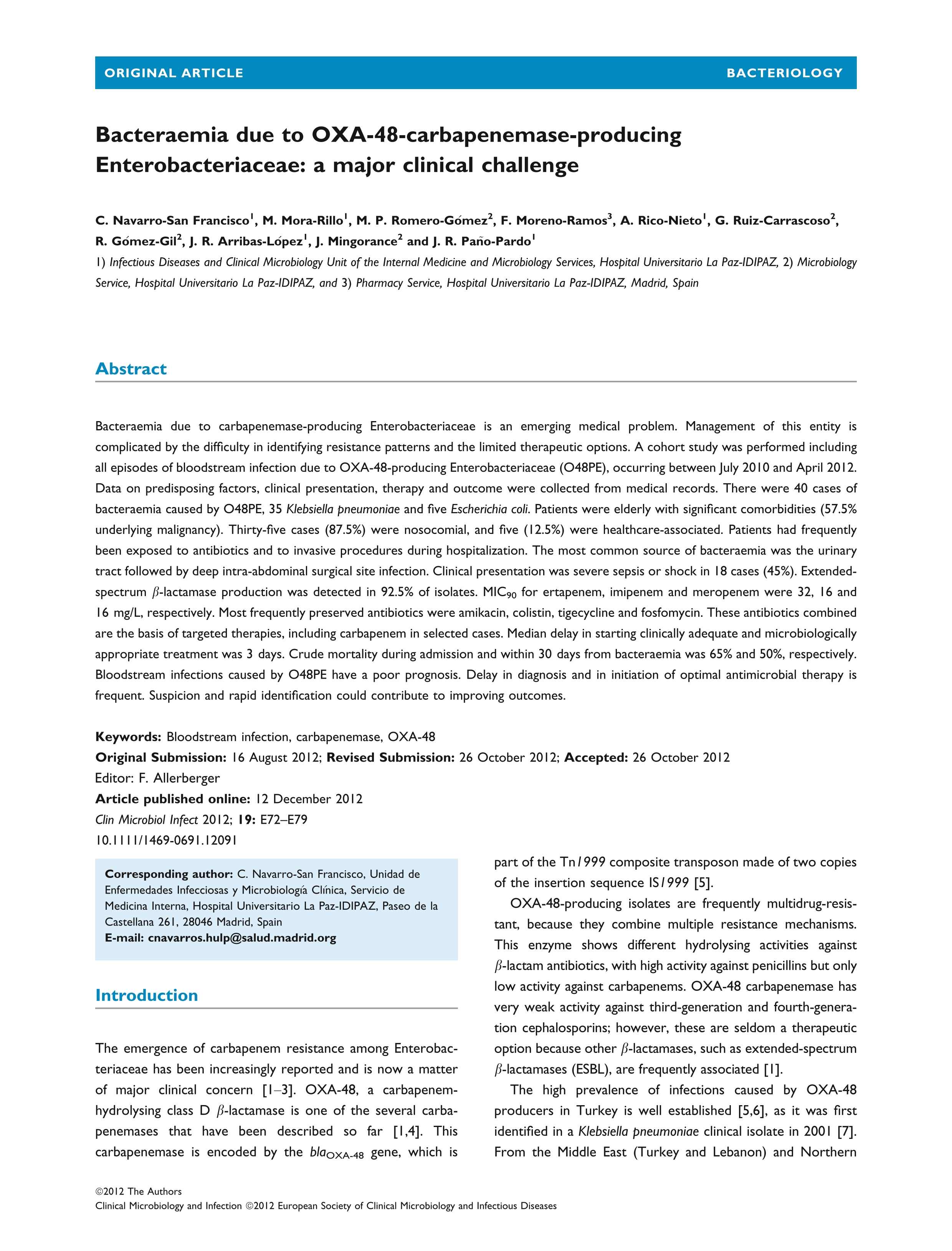 Bacteraemia due to OXA-48-carbapenemase-producing Enterobacteriaceae: a major clinical challenge