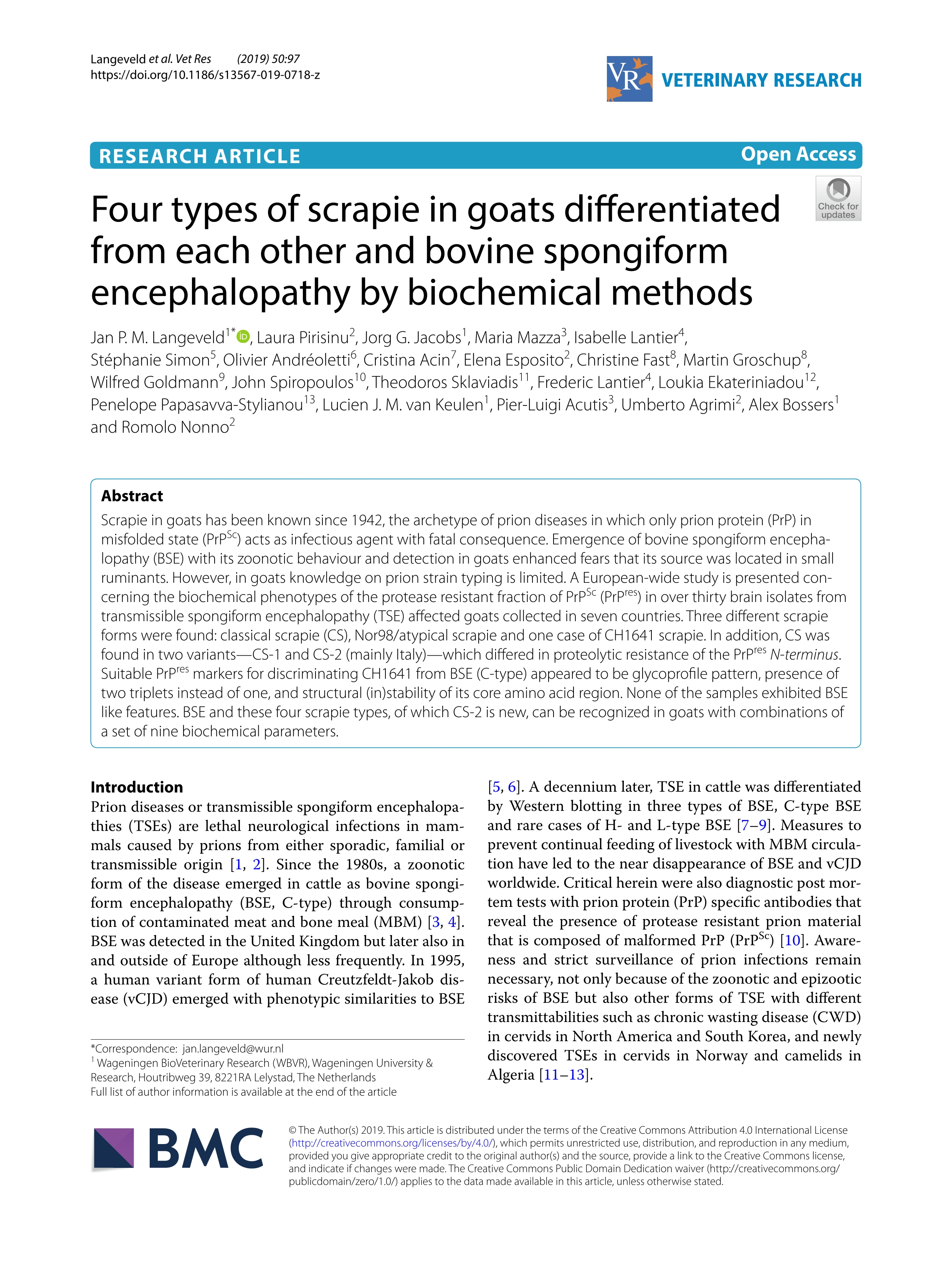 Four types of scrapie in goats differentiated from each other and bovine spongiform encephalopathy by biochemical methods