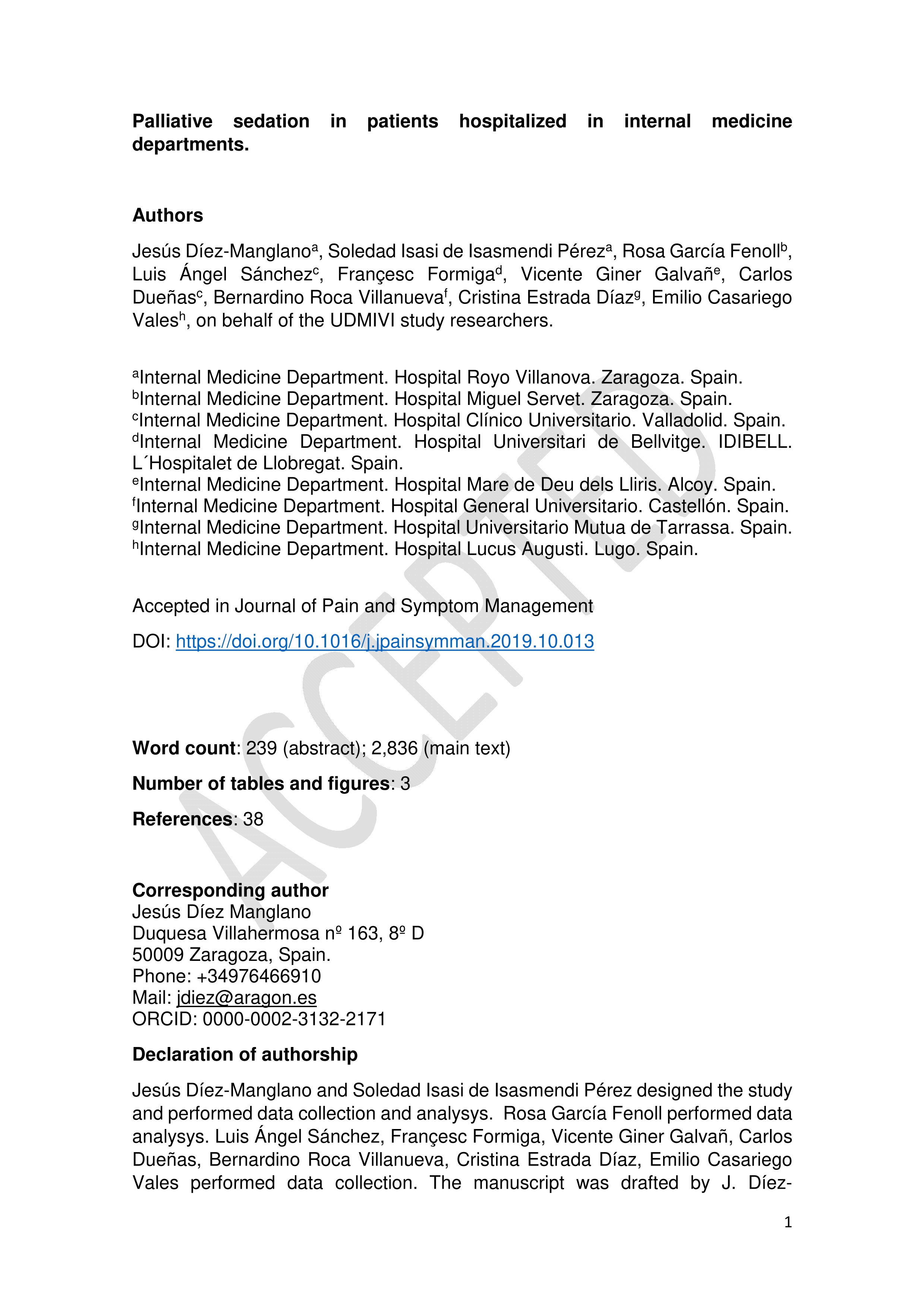 Palliative Sedation in Patients Hospitalized in Internal Medicine Departments