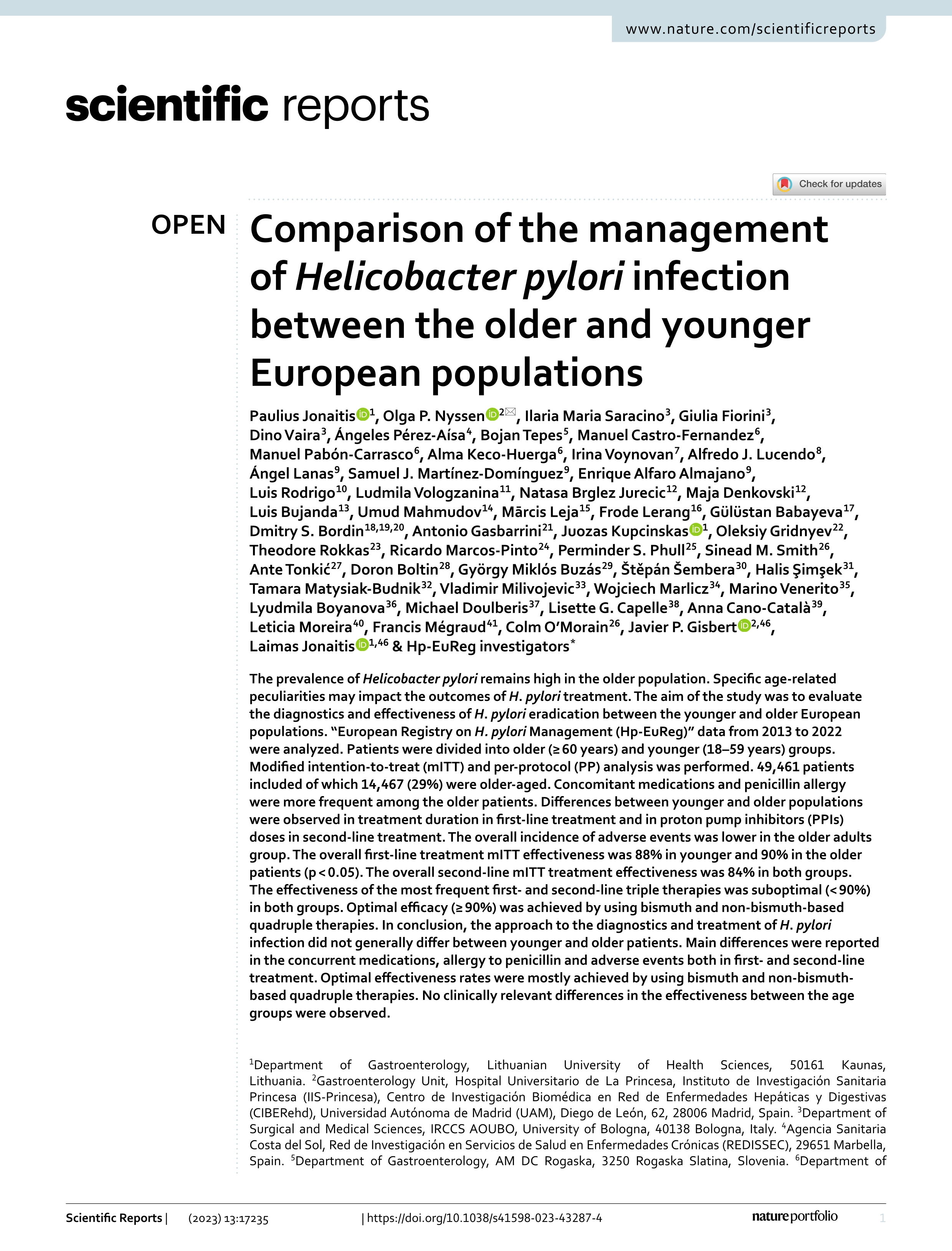 Comparison of the management of Helicobacter pylori infection between the older and younger European populations