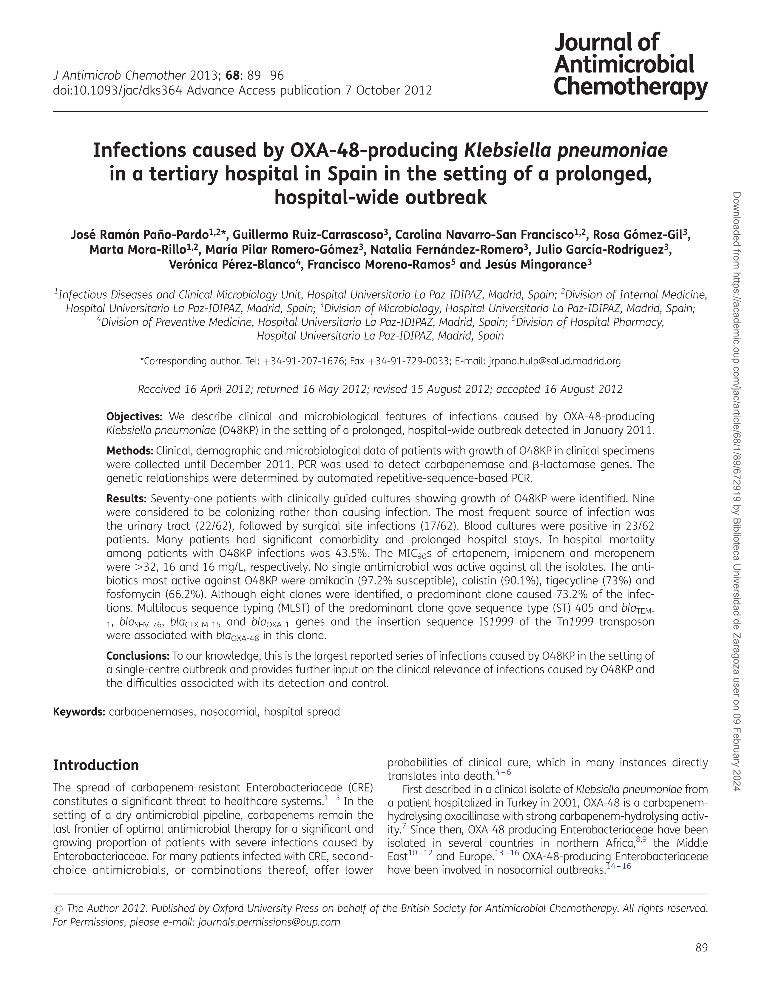 Infections caused by OXA-48-producing Klebsiella pneumoniae in a tertiary hospital in Spain in the setting of a prolonged, hospital-wide outbreak