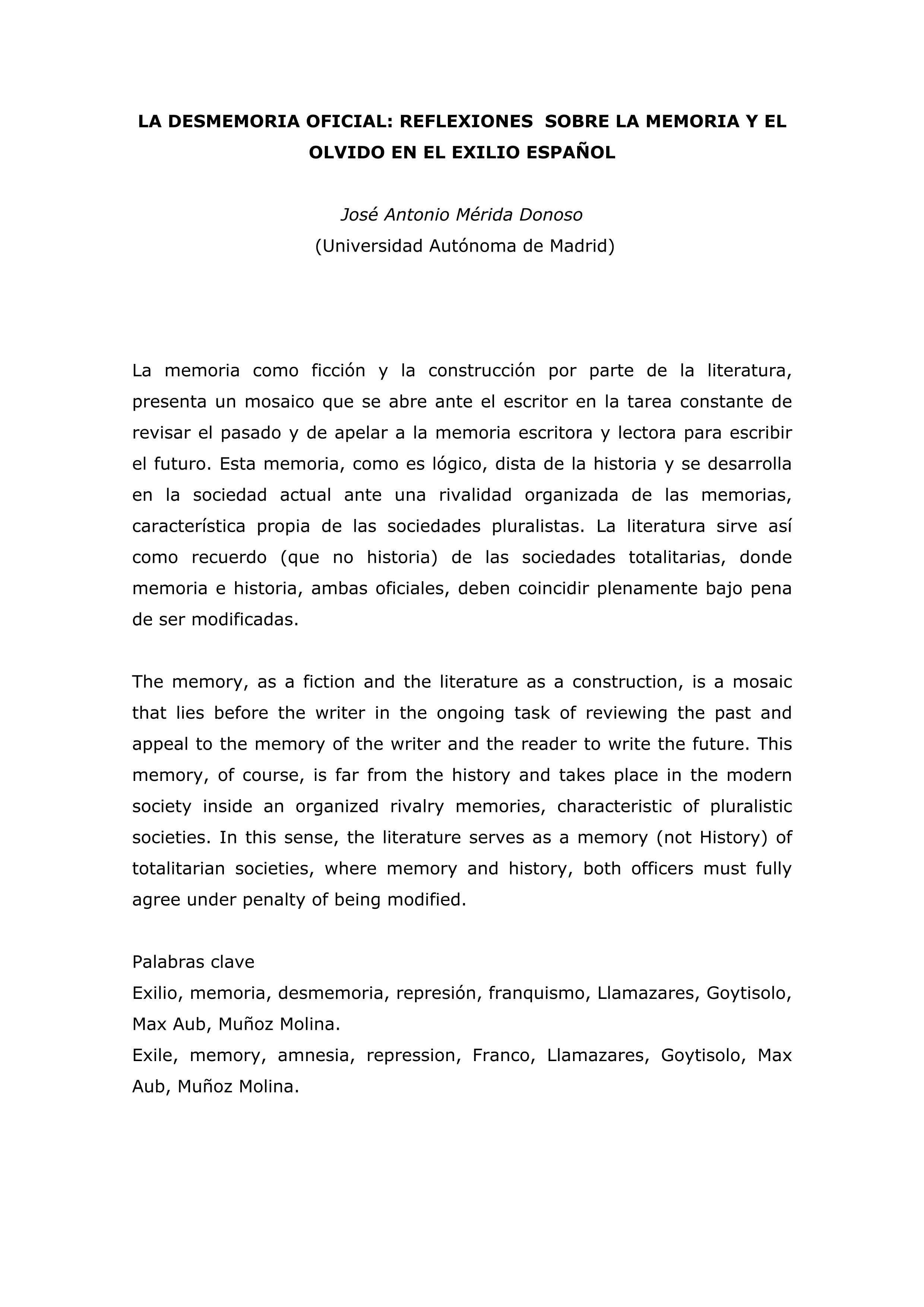 La desmemoria oficial: reflexiones sobre la memoria y el olvido en el exilio español