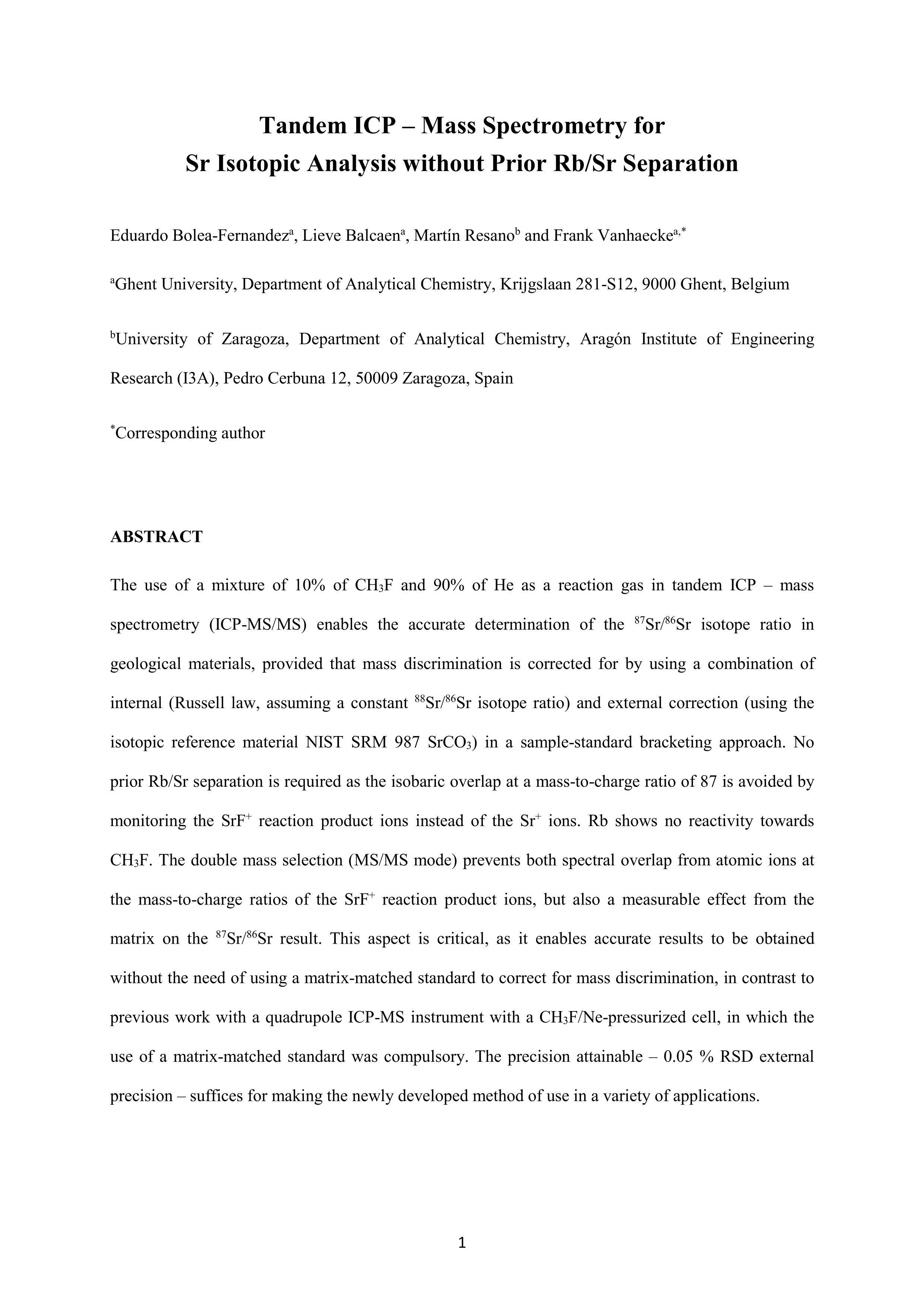 Tandem ICP-mass spectrometry for Sr isotopic analysis without prior Rb/Sr separation