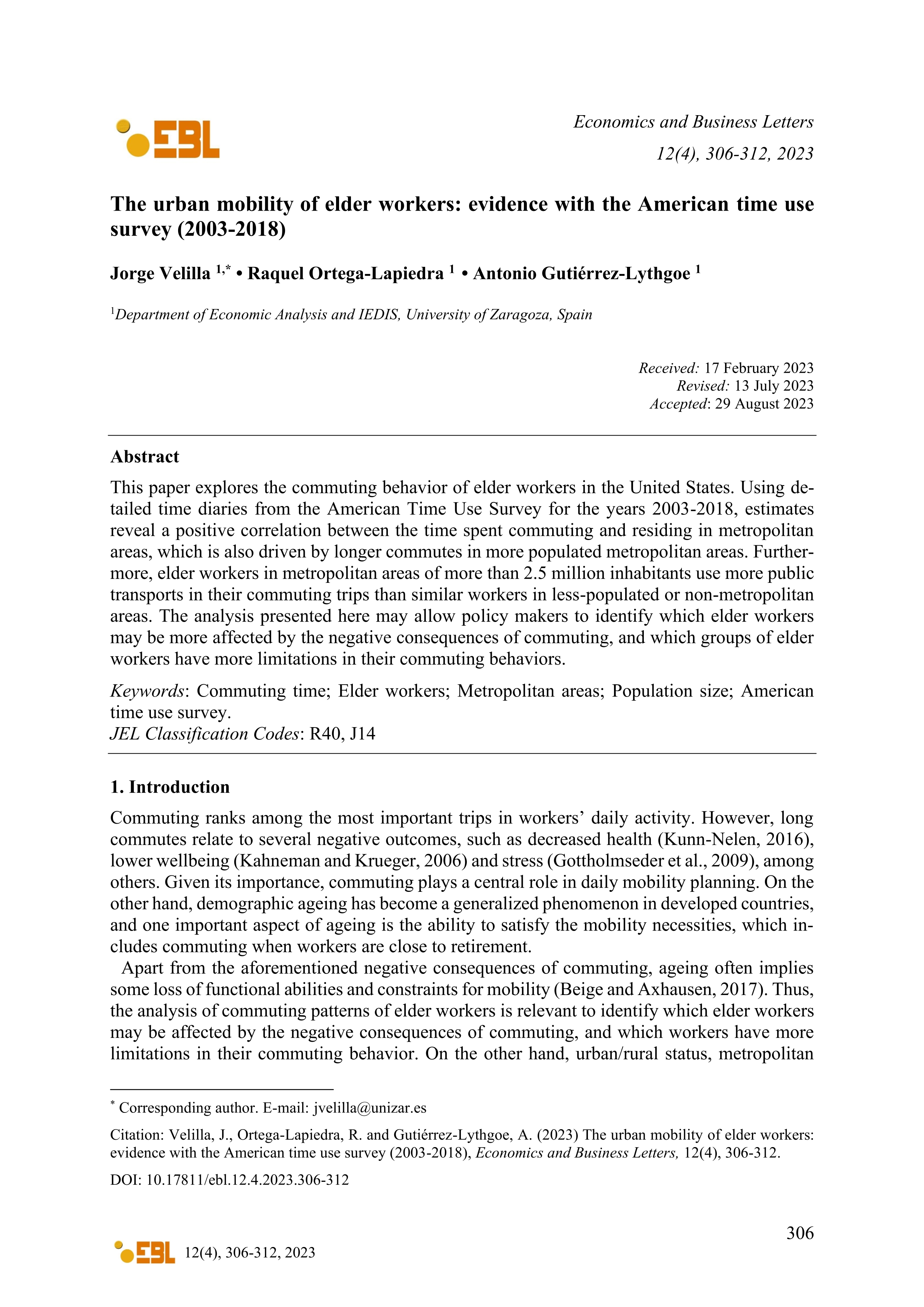 The urban mobility of elder workers: evidence with the American Time Use Survey (2003-2018)