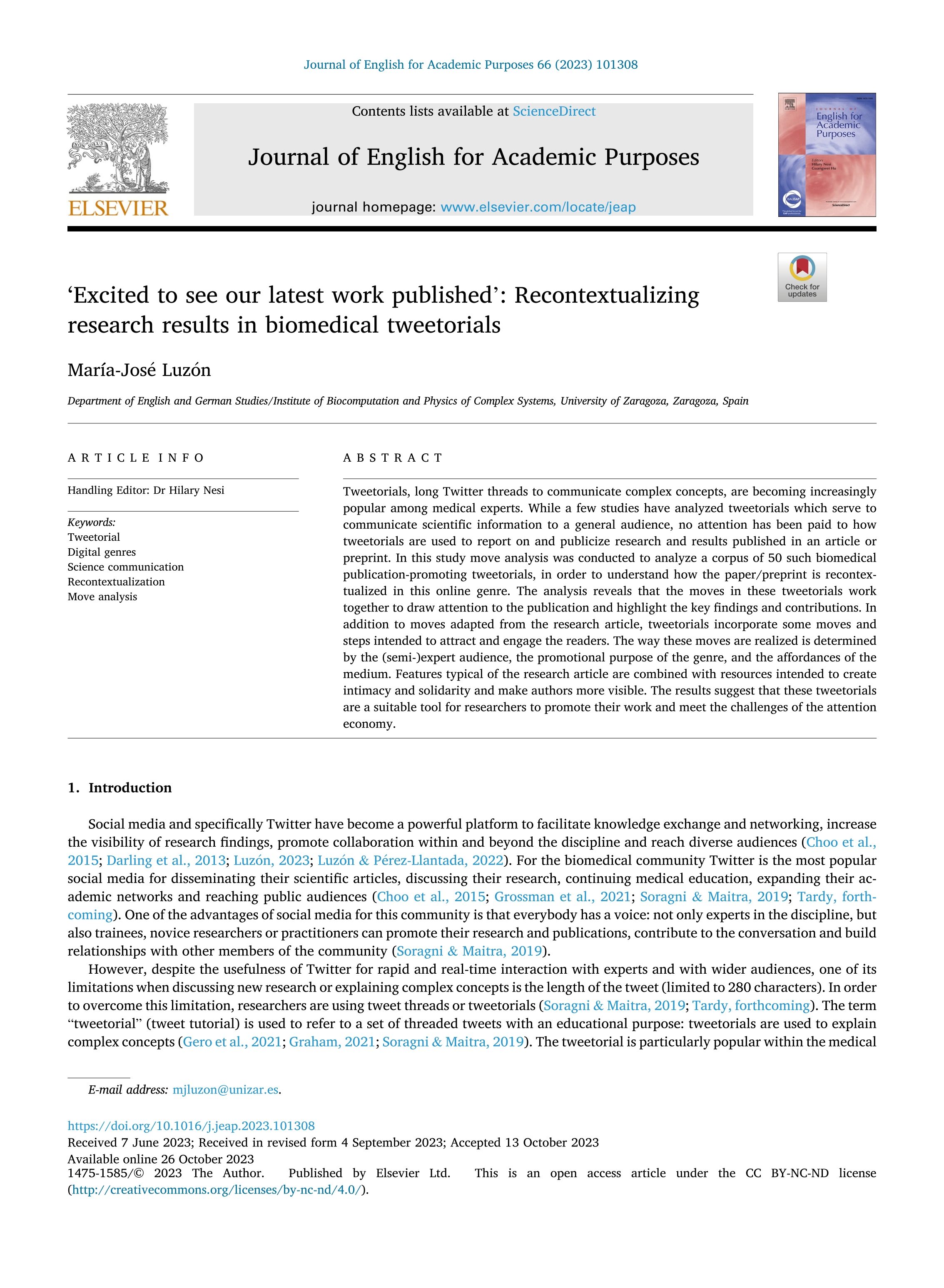 ‘Excited to see our latest work published’: Recontextualizing research results in biomedical tweetorials