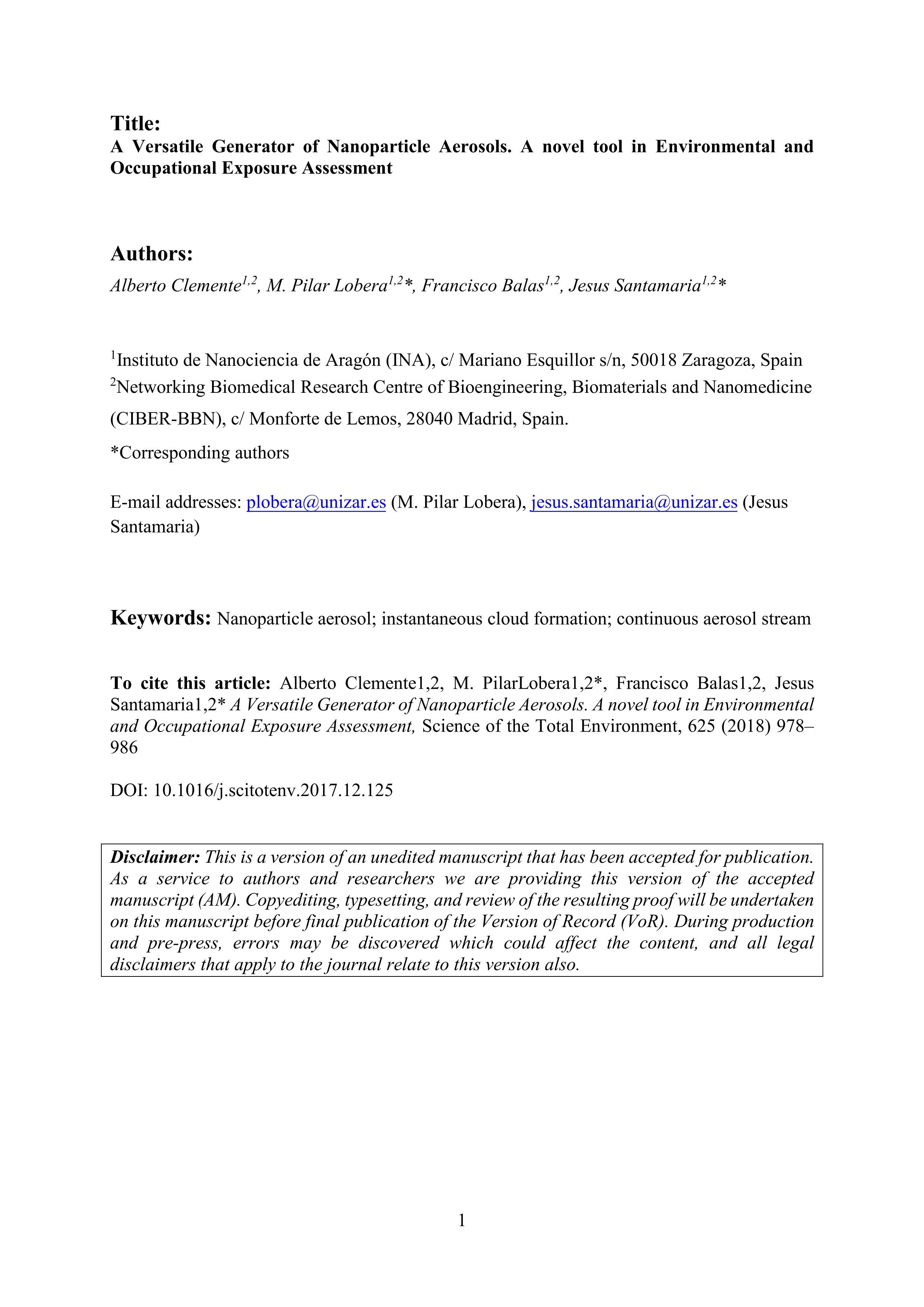 A versatile generator of nanoparticle aerosols. A novel tool in environmental and occupational exposure assessment