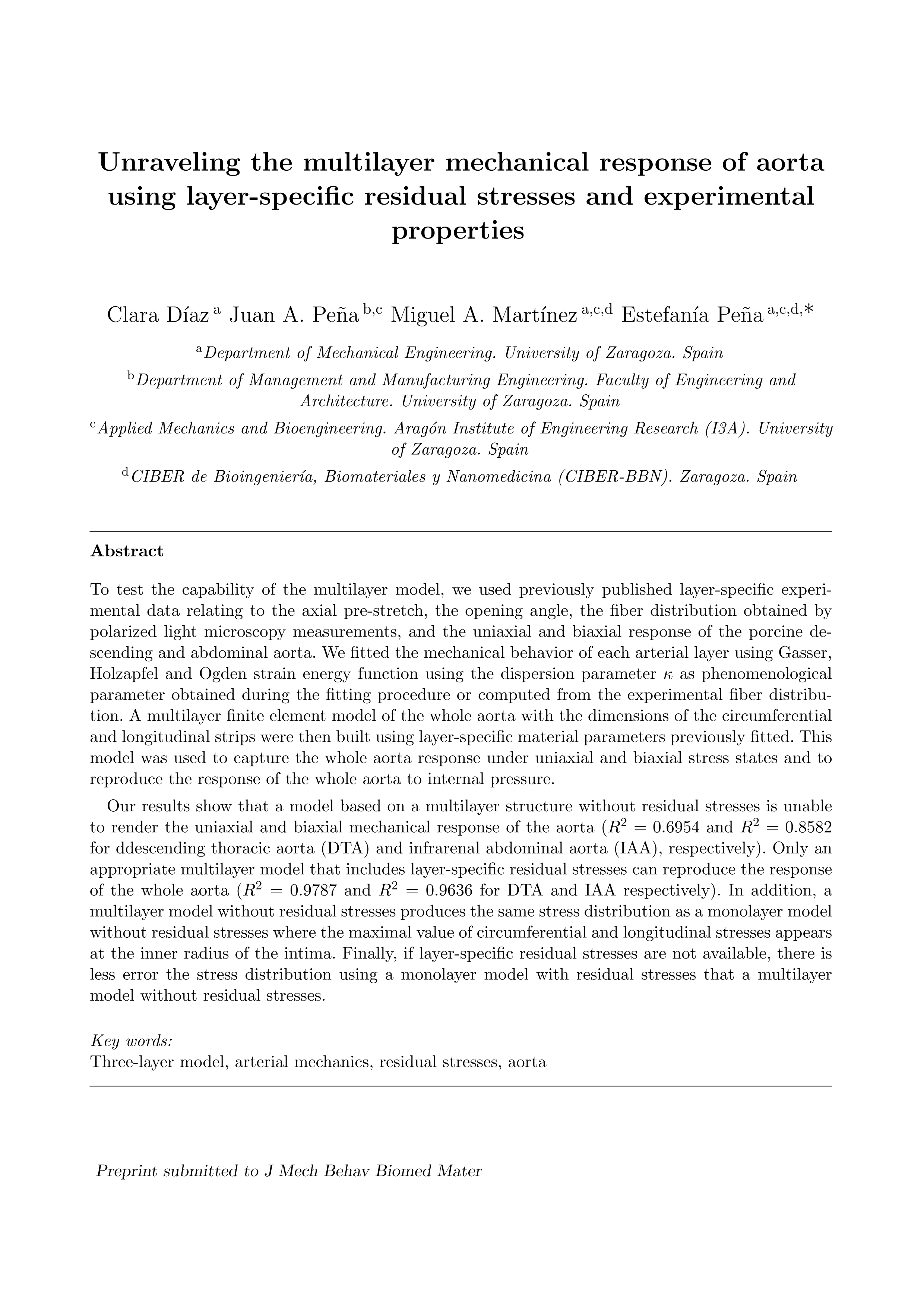 Unraveling the multilayer mechanical response of aorta using layer-specific residual stresses and experimental properties