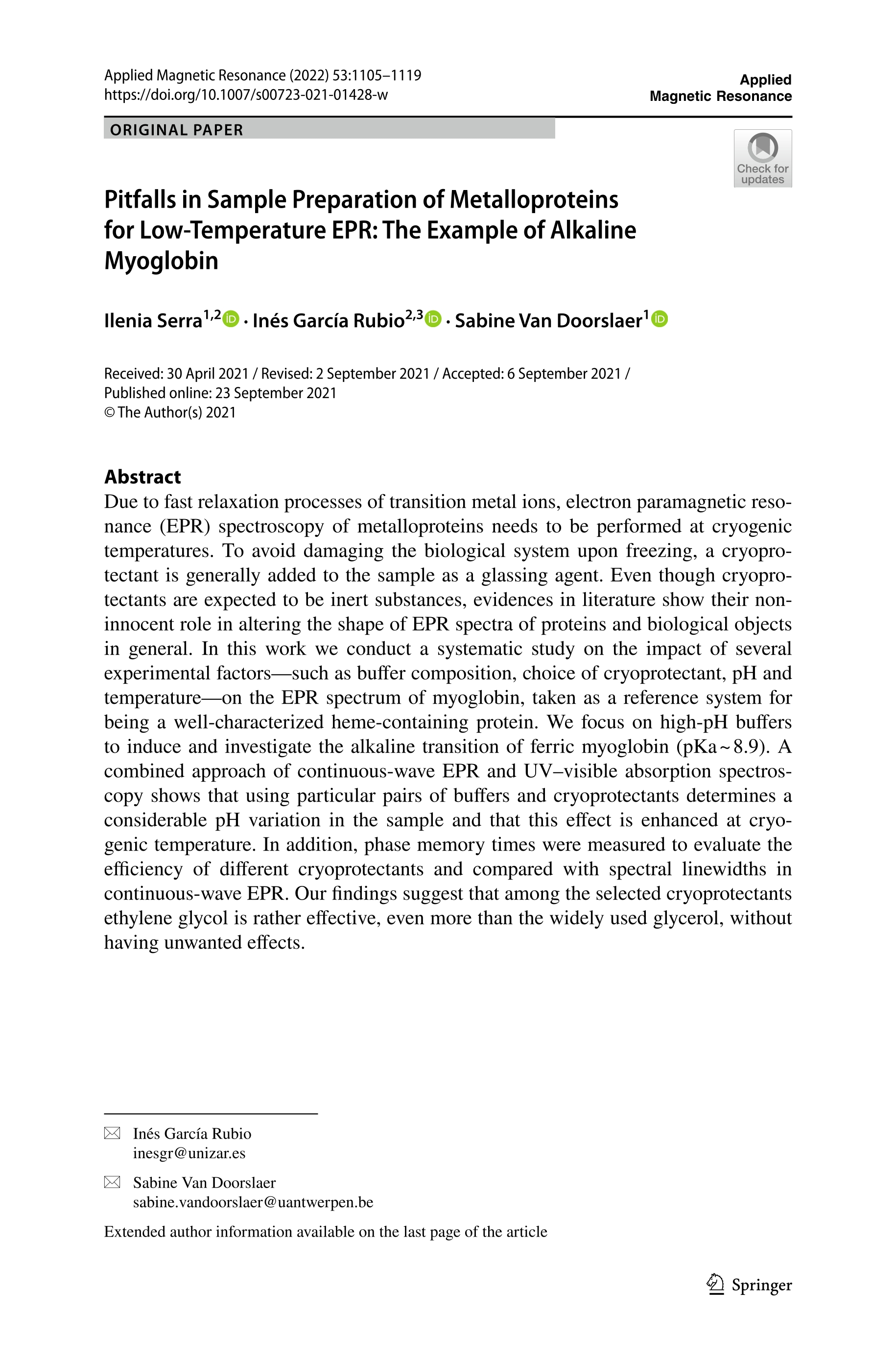 Pitfalls in Sample Preparation of Metalloproteins for Low-Temperature EPR: The Example of Alkaline Myoglobin