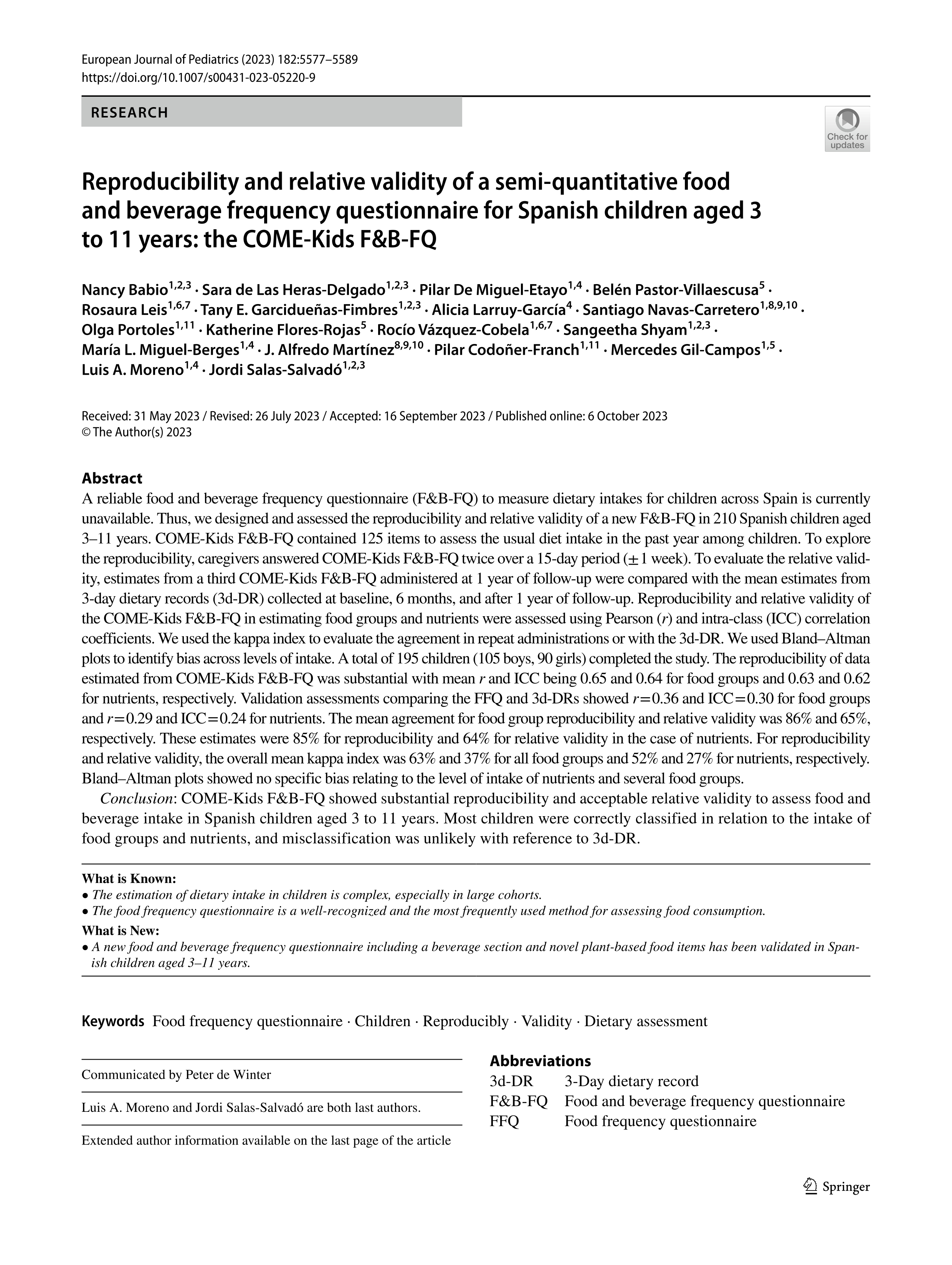 Reproducibility and relative validity of a semi-quantitative food and beverage frequency questionnaire for Spanish children aged 3 to 11 years: the COME-Kids F&B-FQ