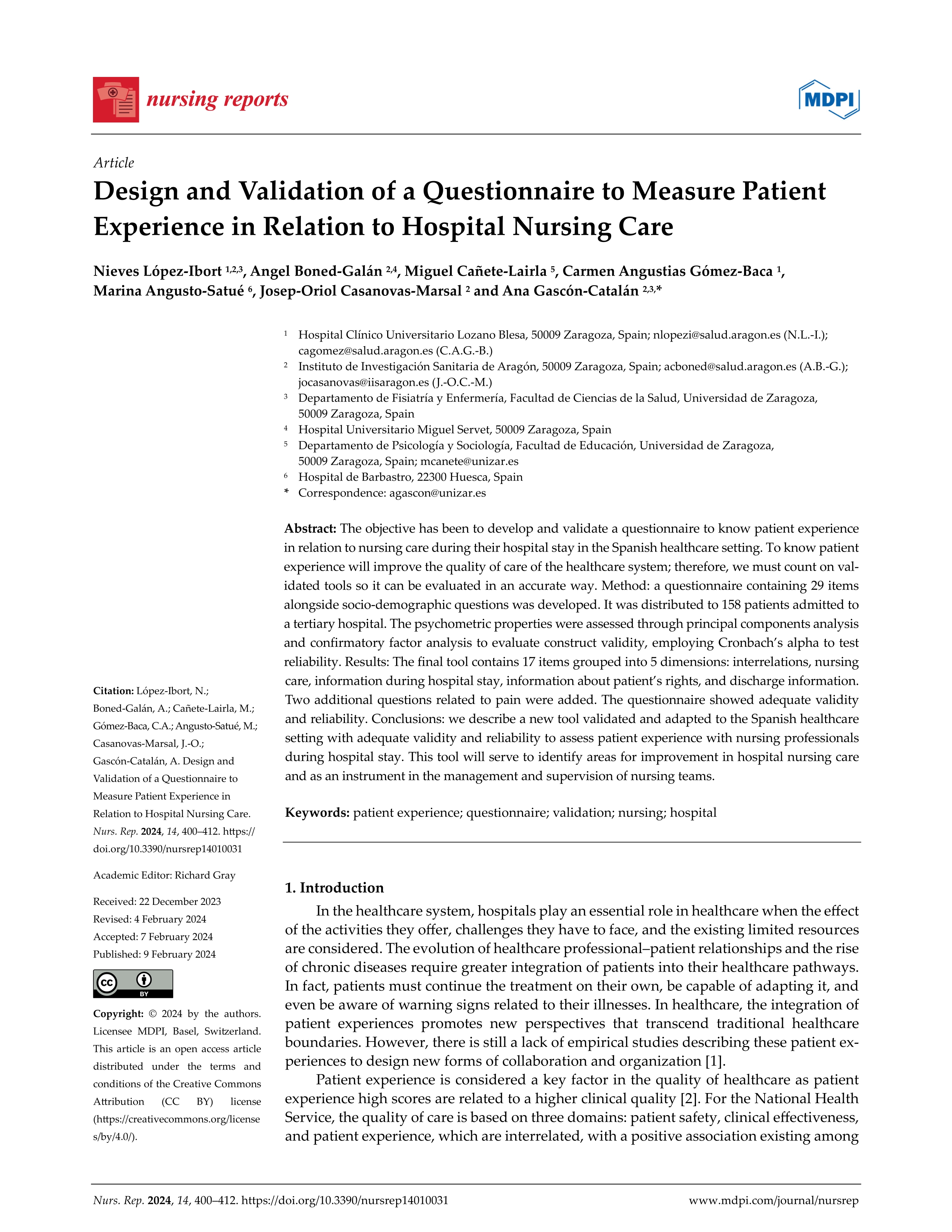 Design and validation of a questionnaire to measure patient experience in relation to hospital nursing care