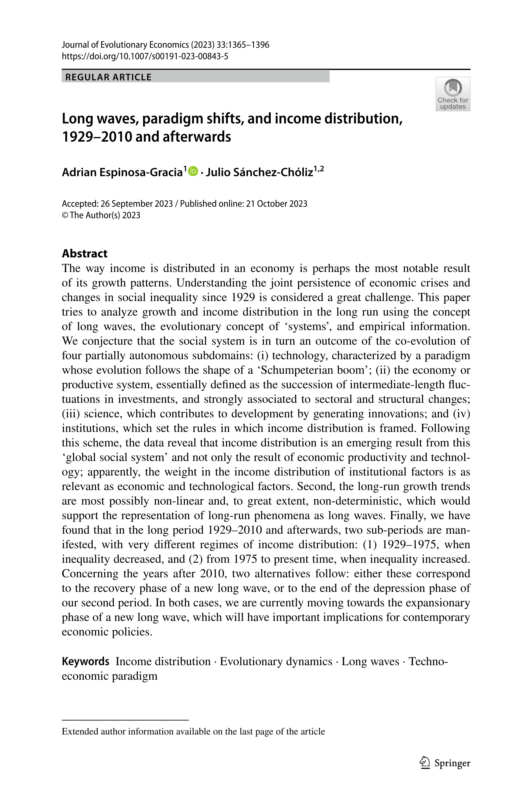 Long waves, paradigm shifts, and income distribution, 1929–2010 and afterwards