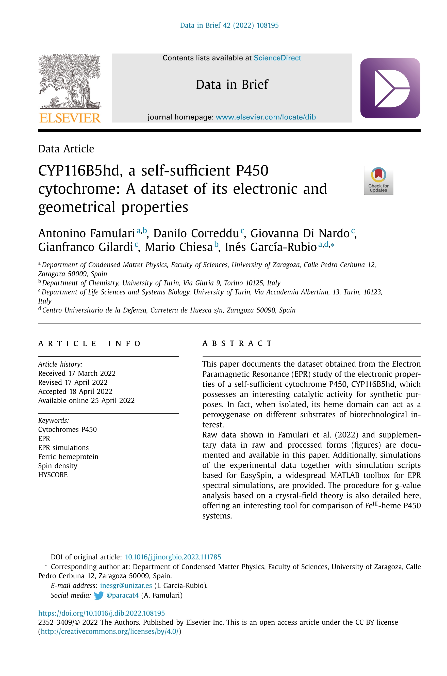 CYP116B5hd, a self-sufficient P450 cytochrome: A dataset of its electronic and geometrical properties